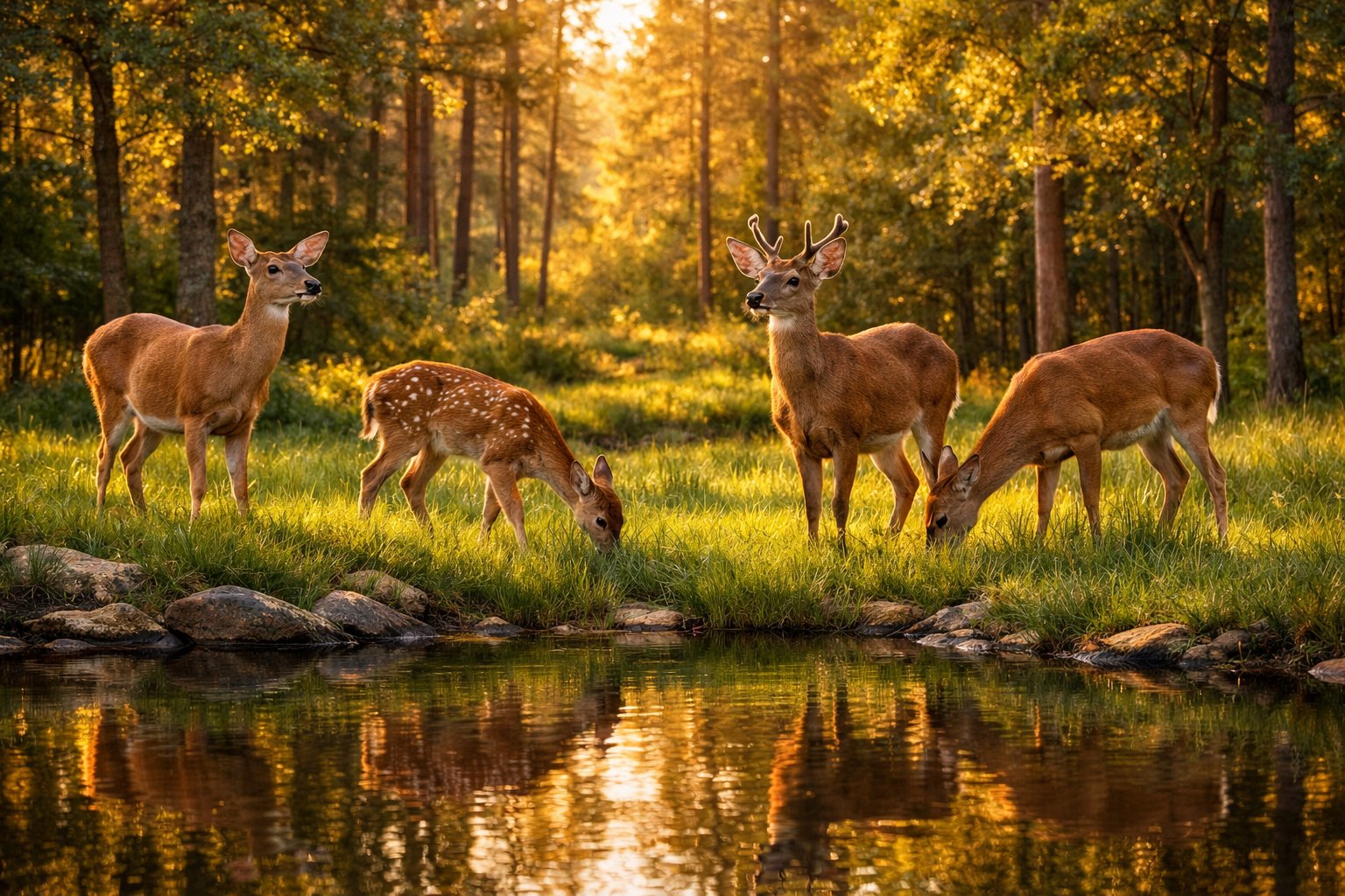 A small group of deer grazing near a pond in a forest with sunlight filtering through the trees.