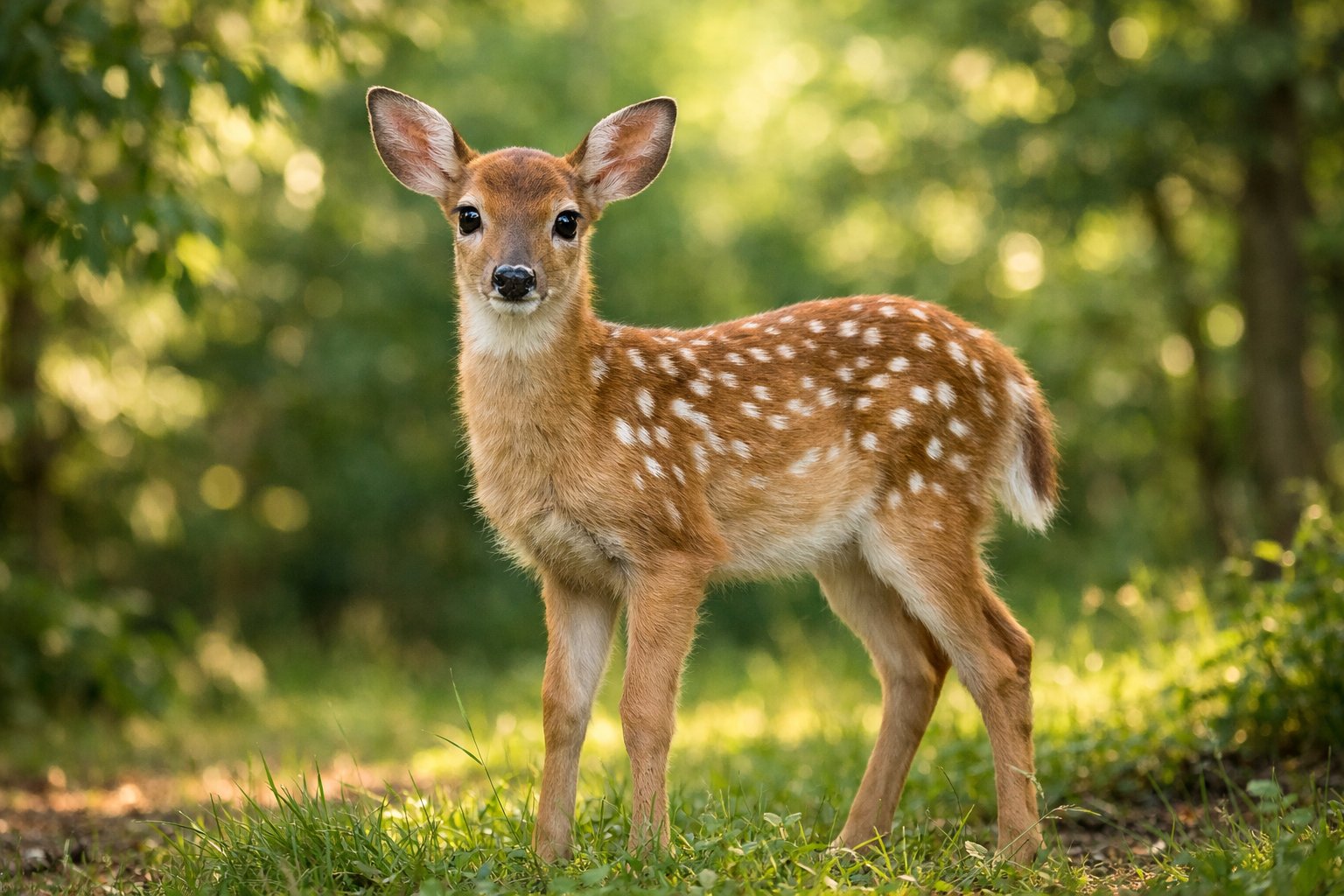 A young deer standing in a sunlit forest clearing surrounded by green trees.