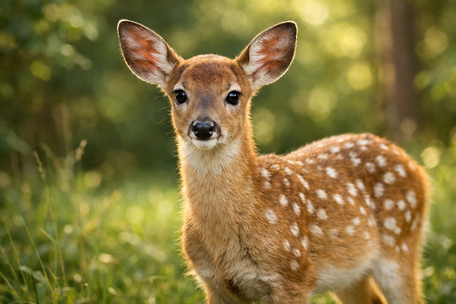 A young deer standing in a sunlit forest clearing surrounded by green foliage.