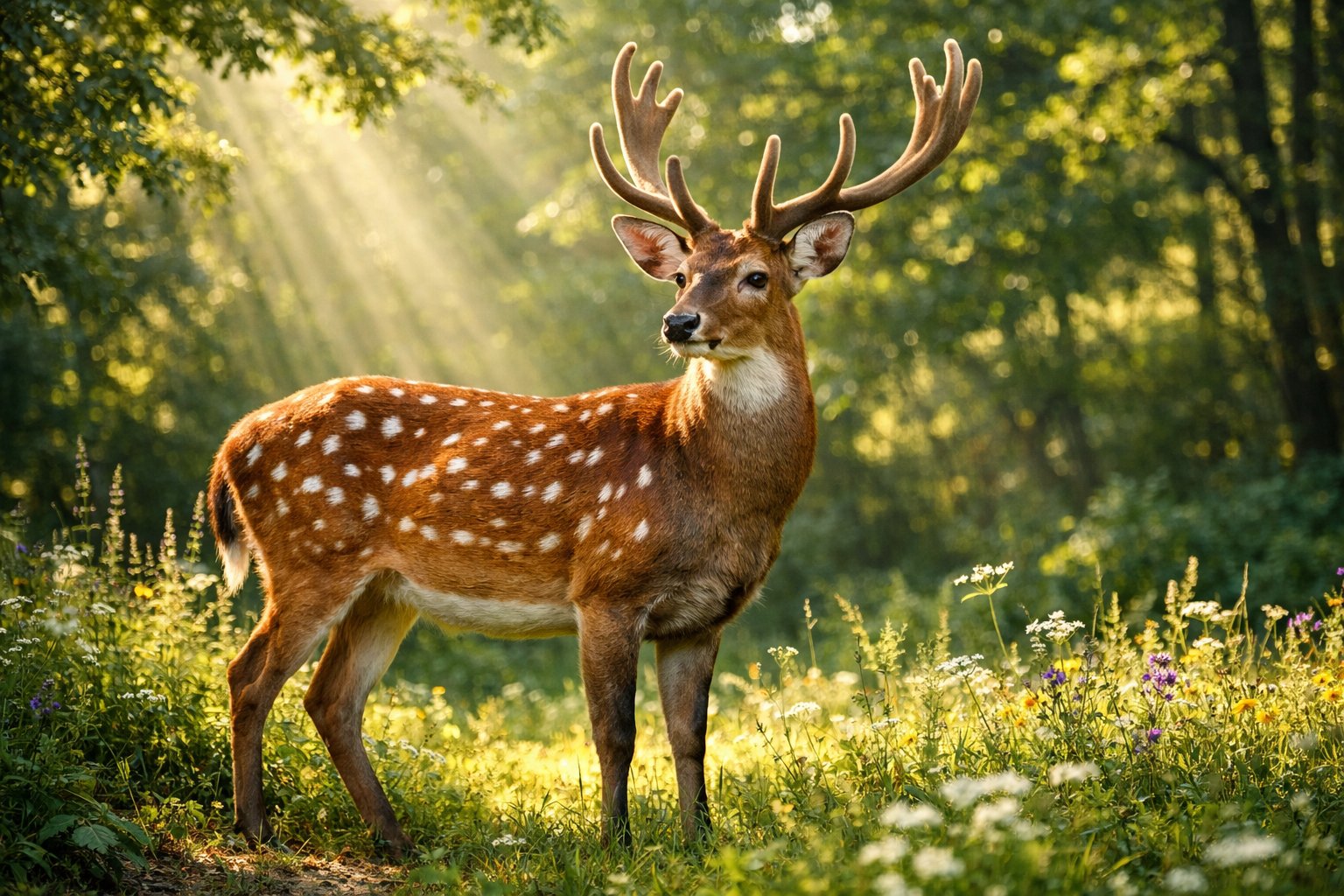 A beautiful deer with antlers standing in a sunlit forest clearing surrounded by green trees and plants.