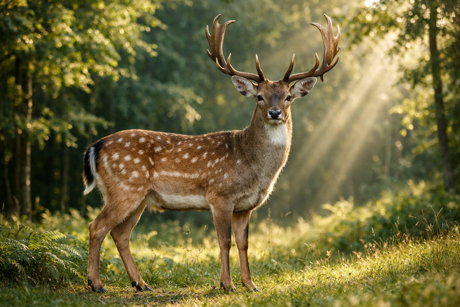 An adult deer standing alert in a sunlit forest clearing surrounded by green trees.