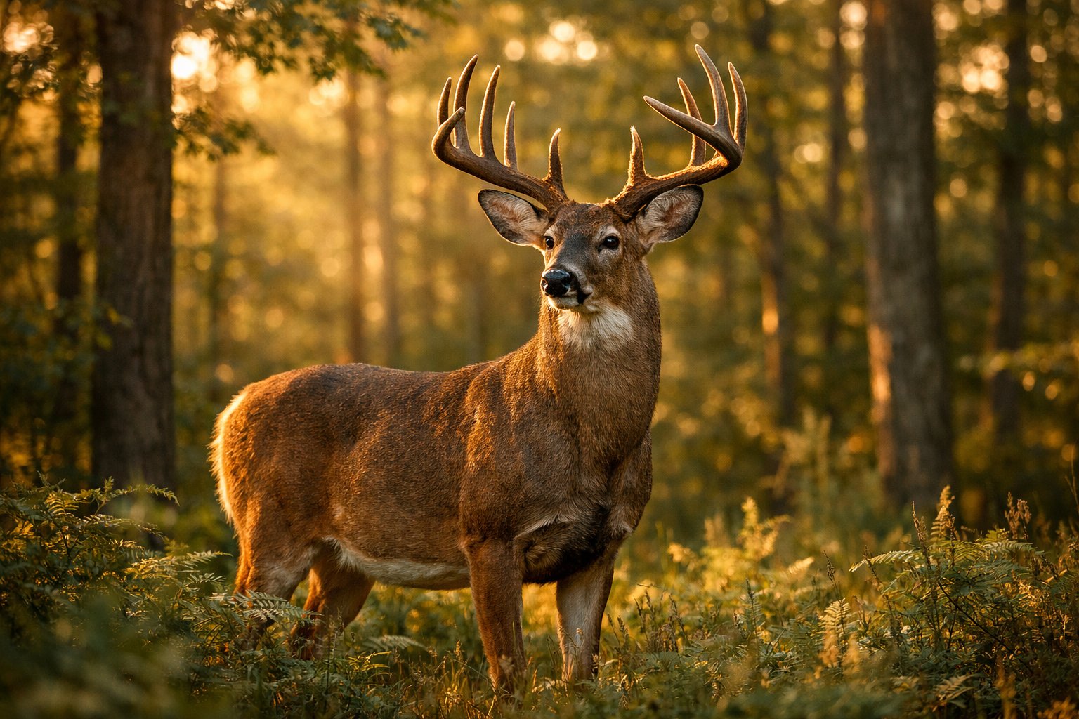 An adult deer with antlers standing alert in a sunlit forest surrounded by green trees and foliage.