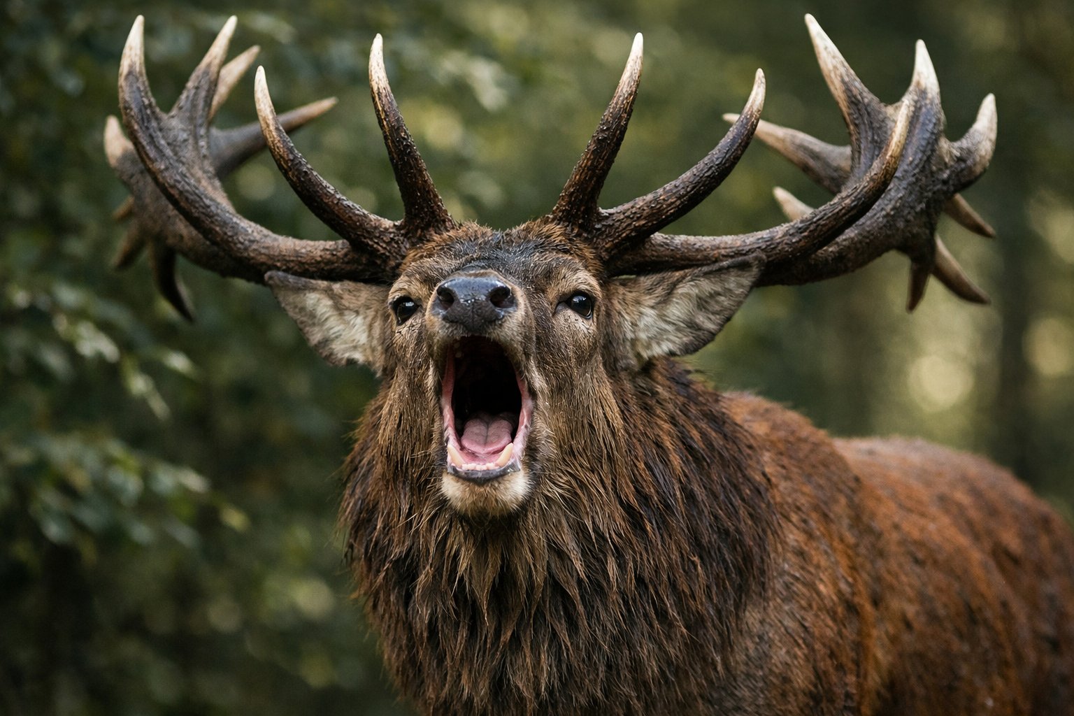 Close-up of an aggressive male red deer stag with large antlers roaring in a forest.