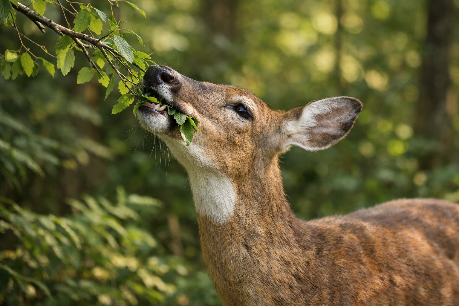 A deer eating green leaves from a low branch in a forest.