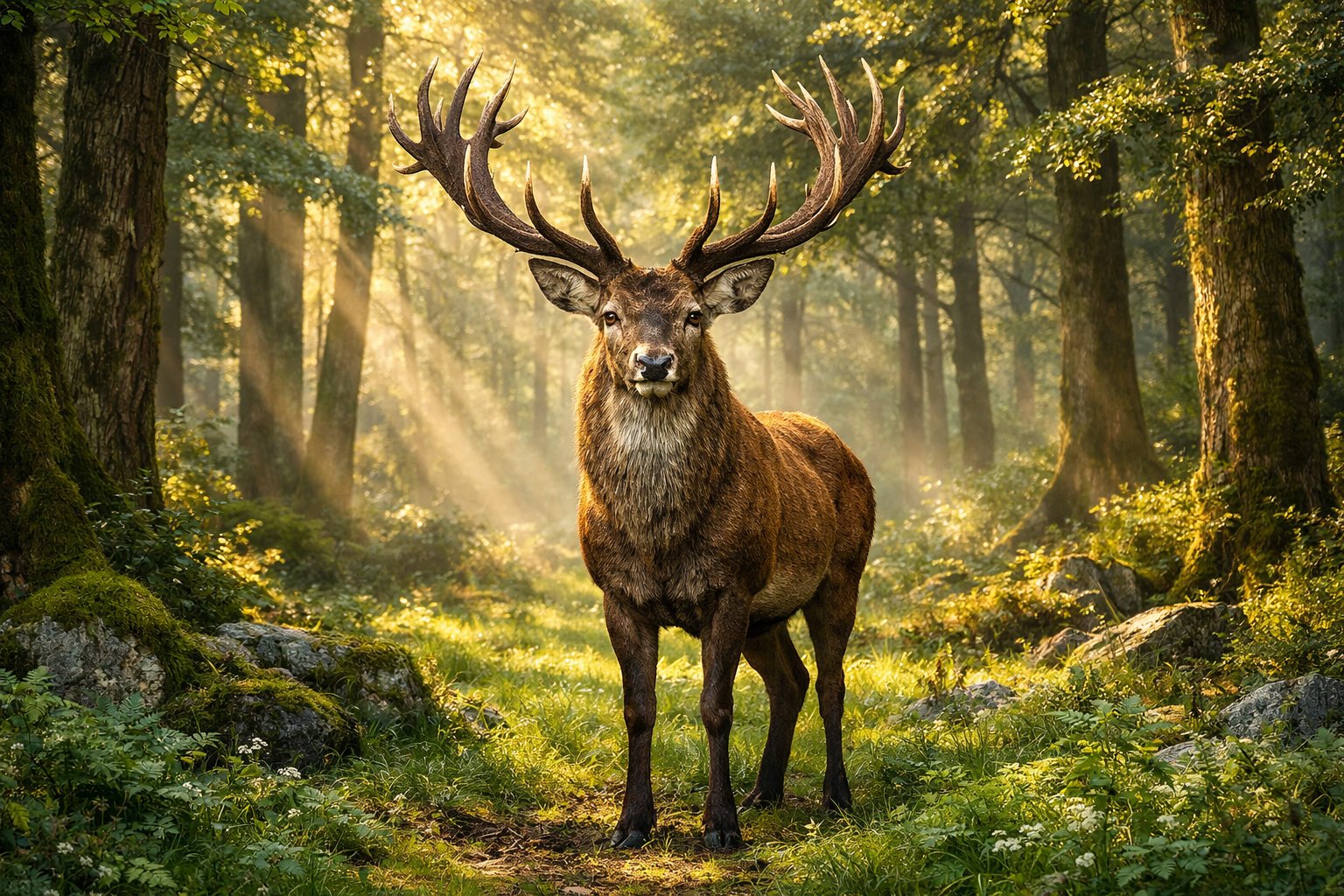 A male deer with large antlers standing in a sunlit forest clearing surrounded by tall trees and green plants.