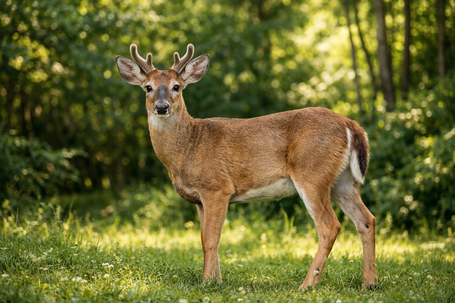 A deer standing in a forest clearing surrounded by green trees and sunlight.