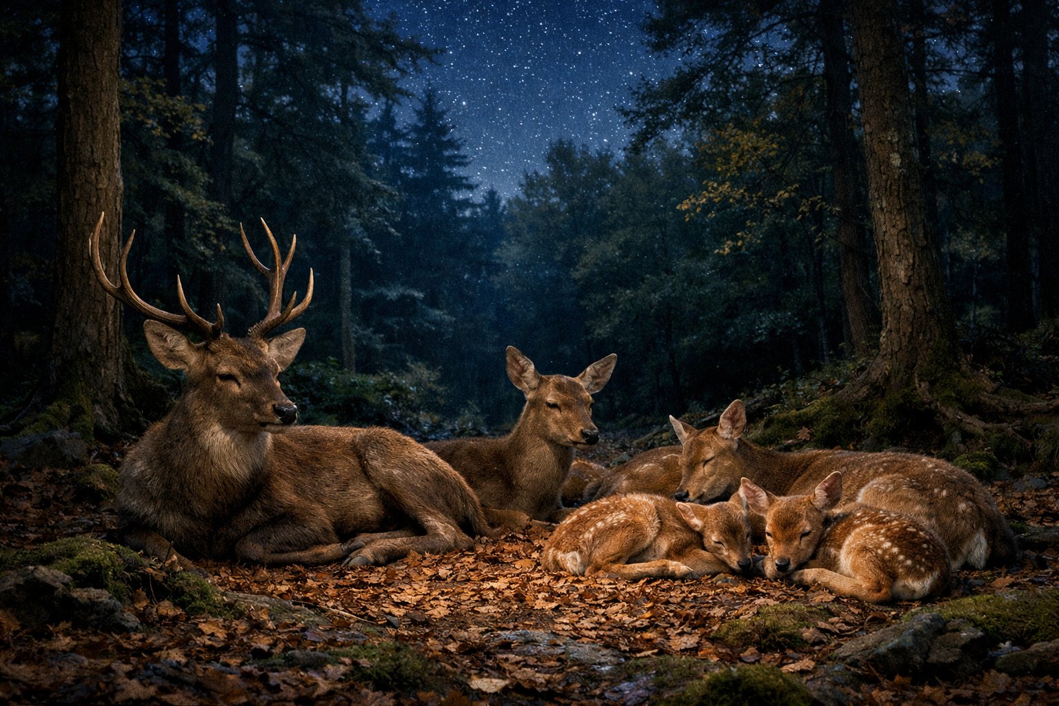 A group of deer resting quietly on the forest floor at night under moonlight in a peaceful woodland clearing.