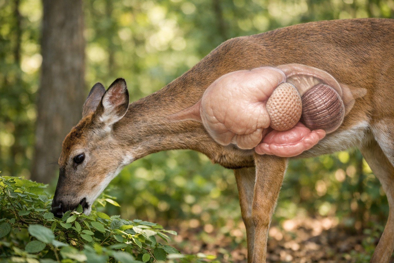A deer grazing in a forest with a transparent illustration of its four-chambered stomach showing the digestion process.