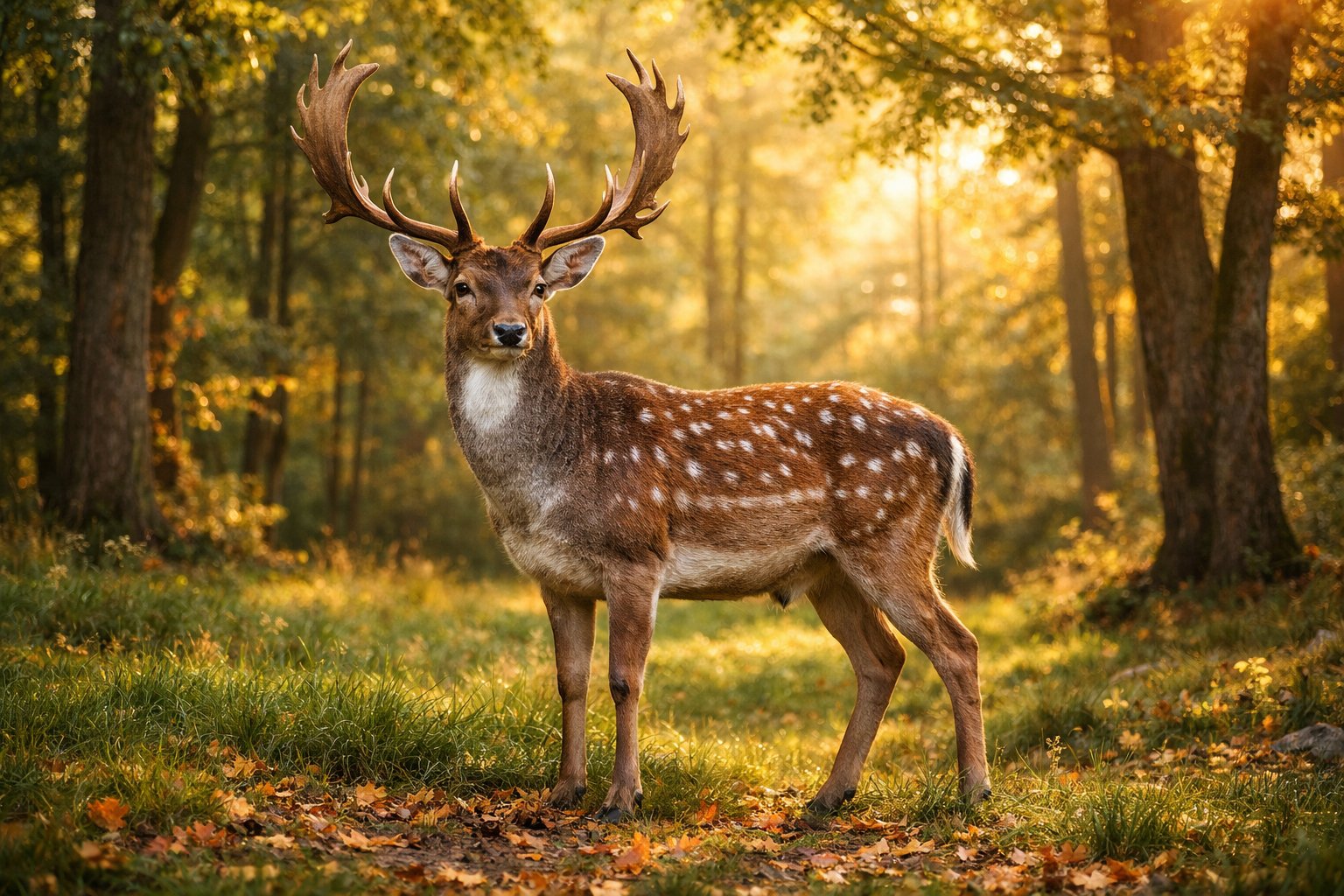 A deer standing in a sunlit forest clearing surrounded by trees and grass.