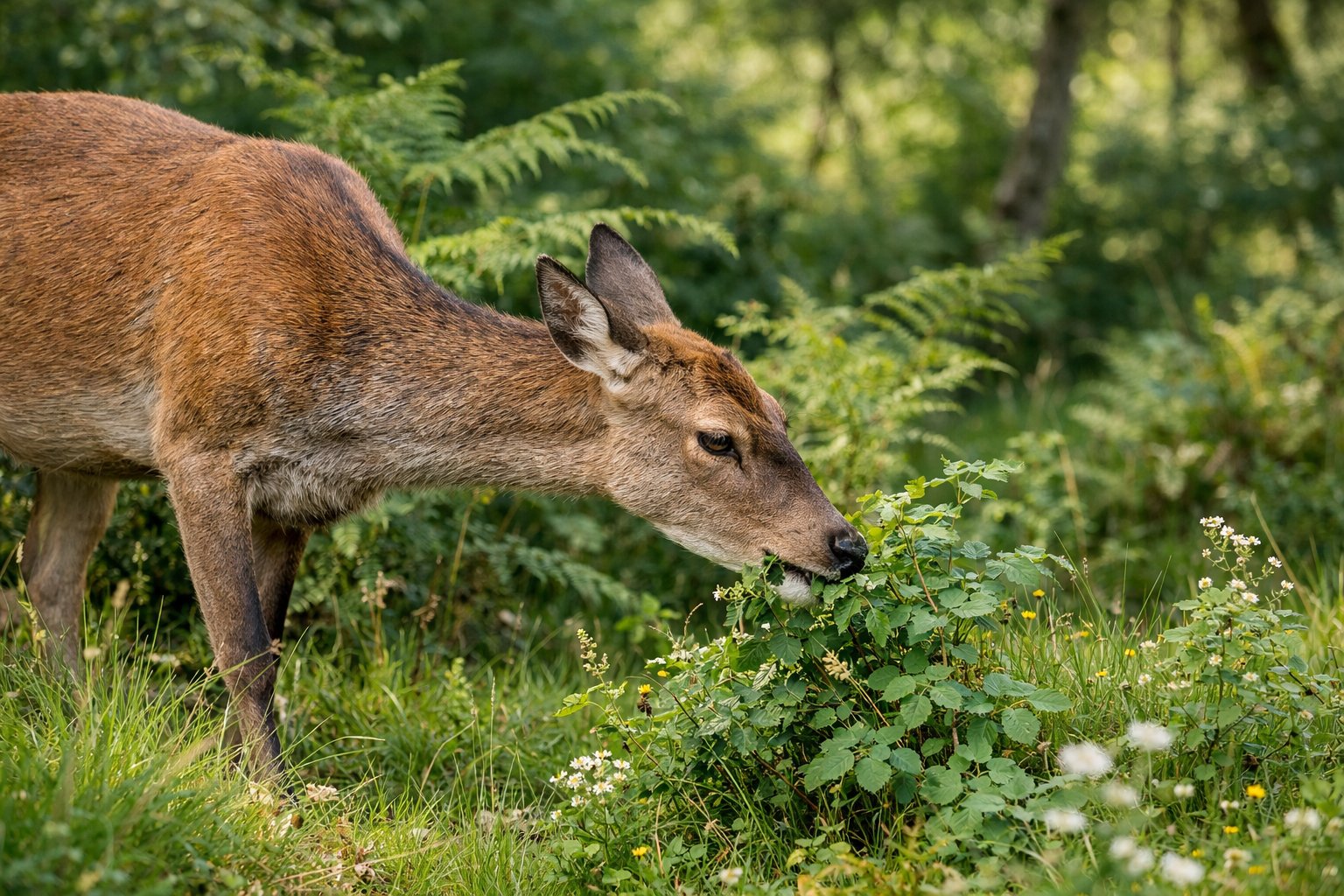A wild deer grazing on green plants in a forest in the UK.