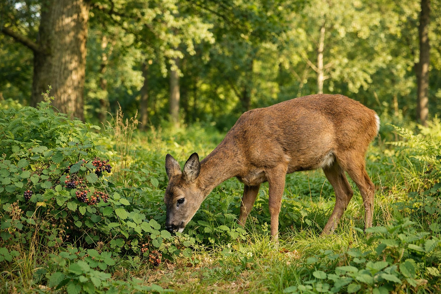 A deer grazing on green plants and shrubs in a UK woodland during daylight.