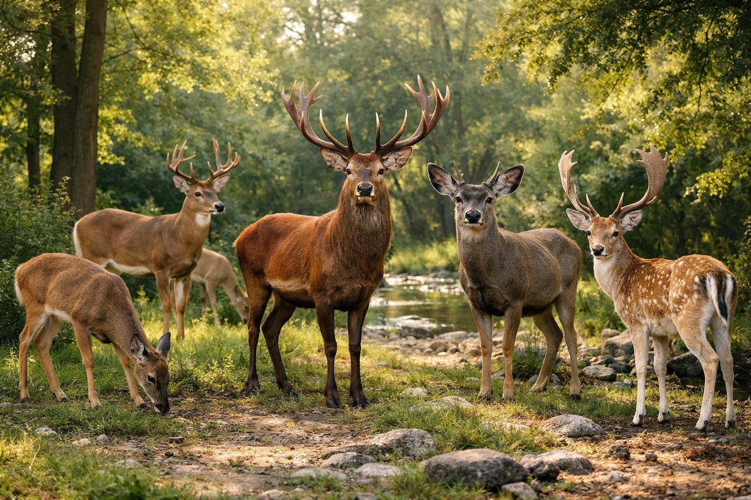 A group of different types of deer standing and grazing in a forest with trees and greenery.