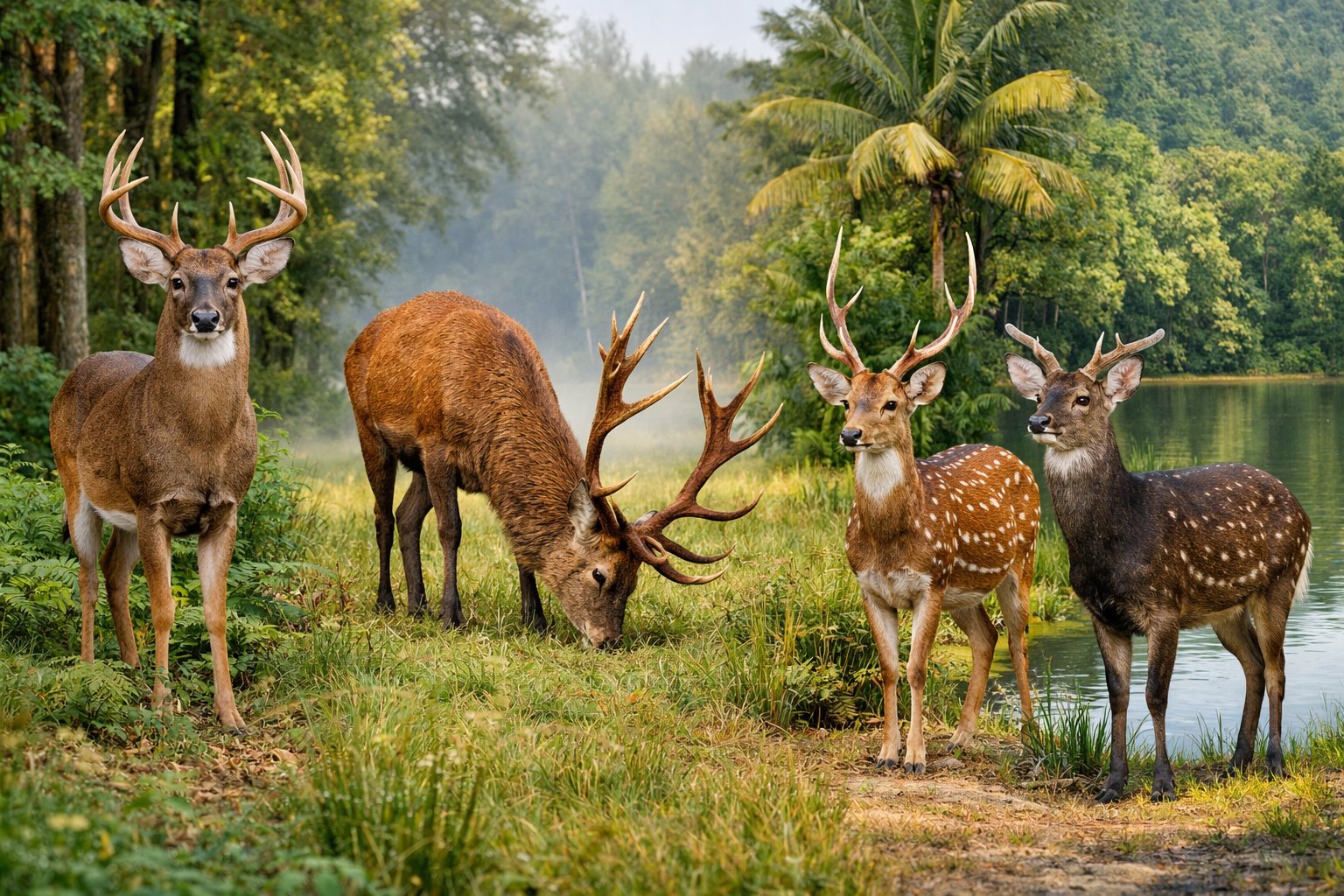 Several different types of deer in various natural settings including forests, meadows, and near a lake.