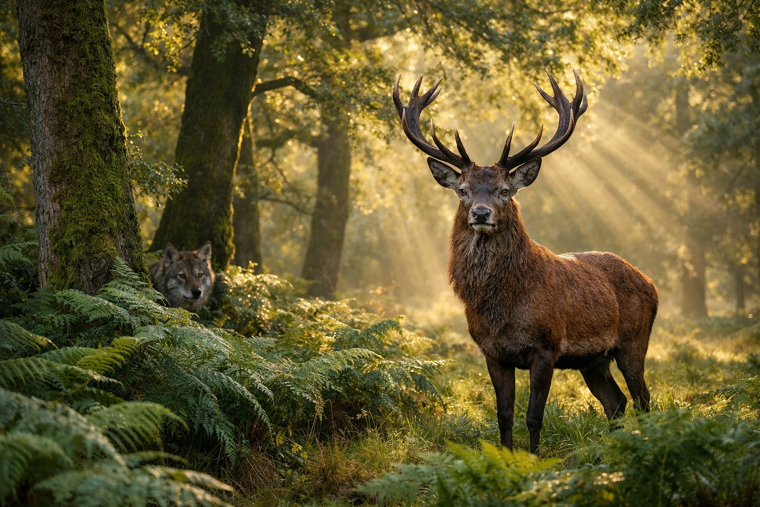 A red deer stag stands alert in a green forest with a red fox partially hidden behind trees nearby.
