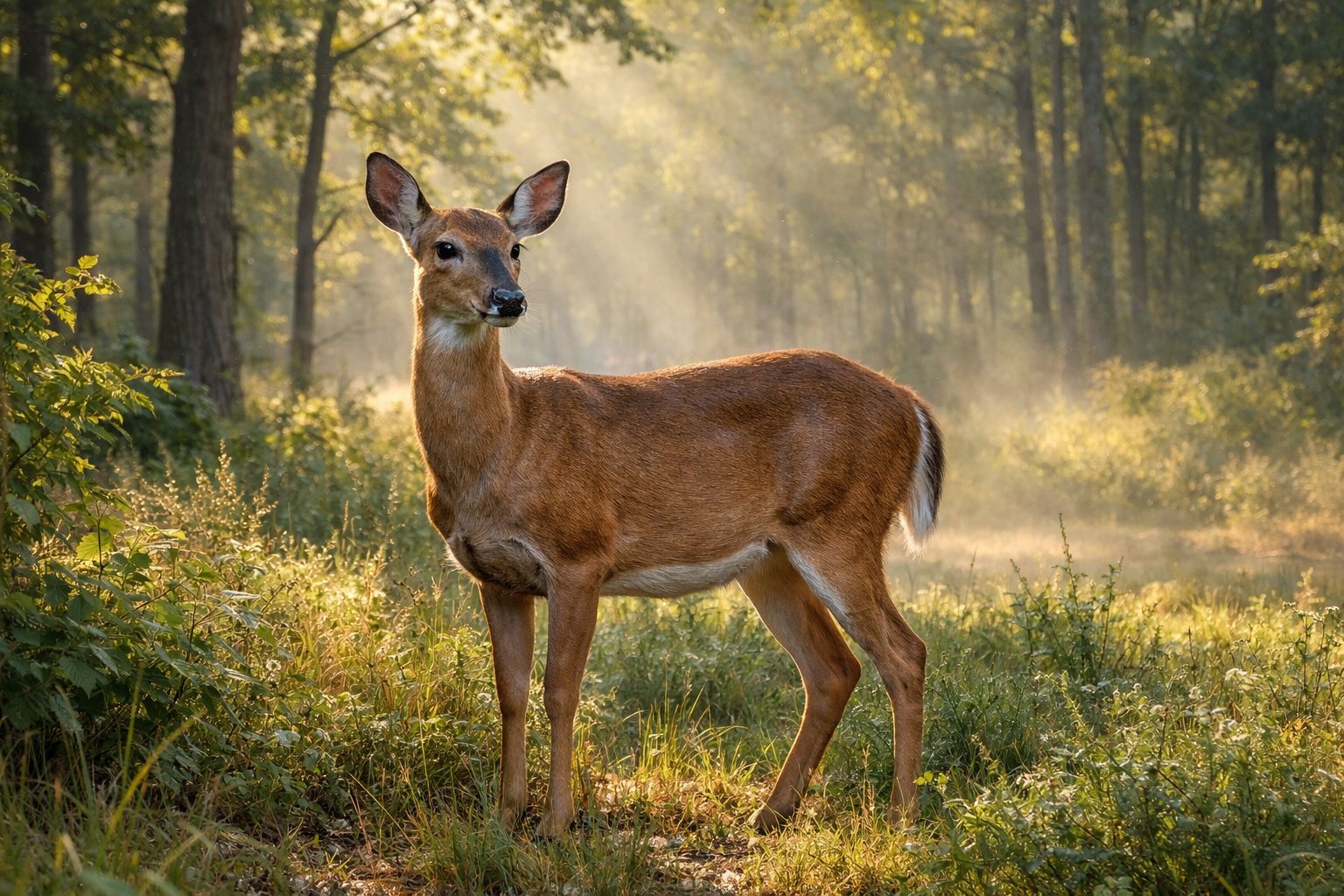 A mature deer standing in a sunlit forest clearing surrounded by green trees and plants.