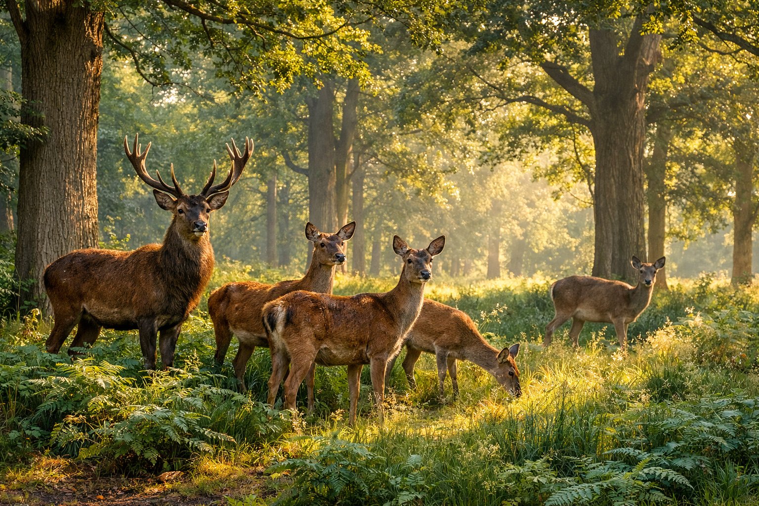 A group of deer grazing peacefully in a sunlit British forest with tall trees and dense greenery around them.