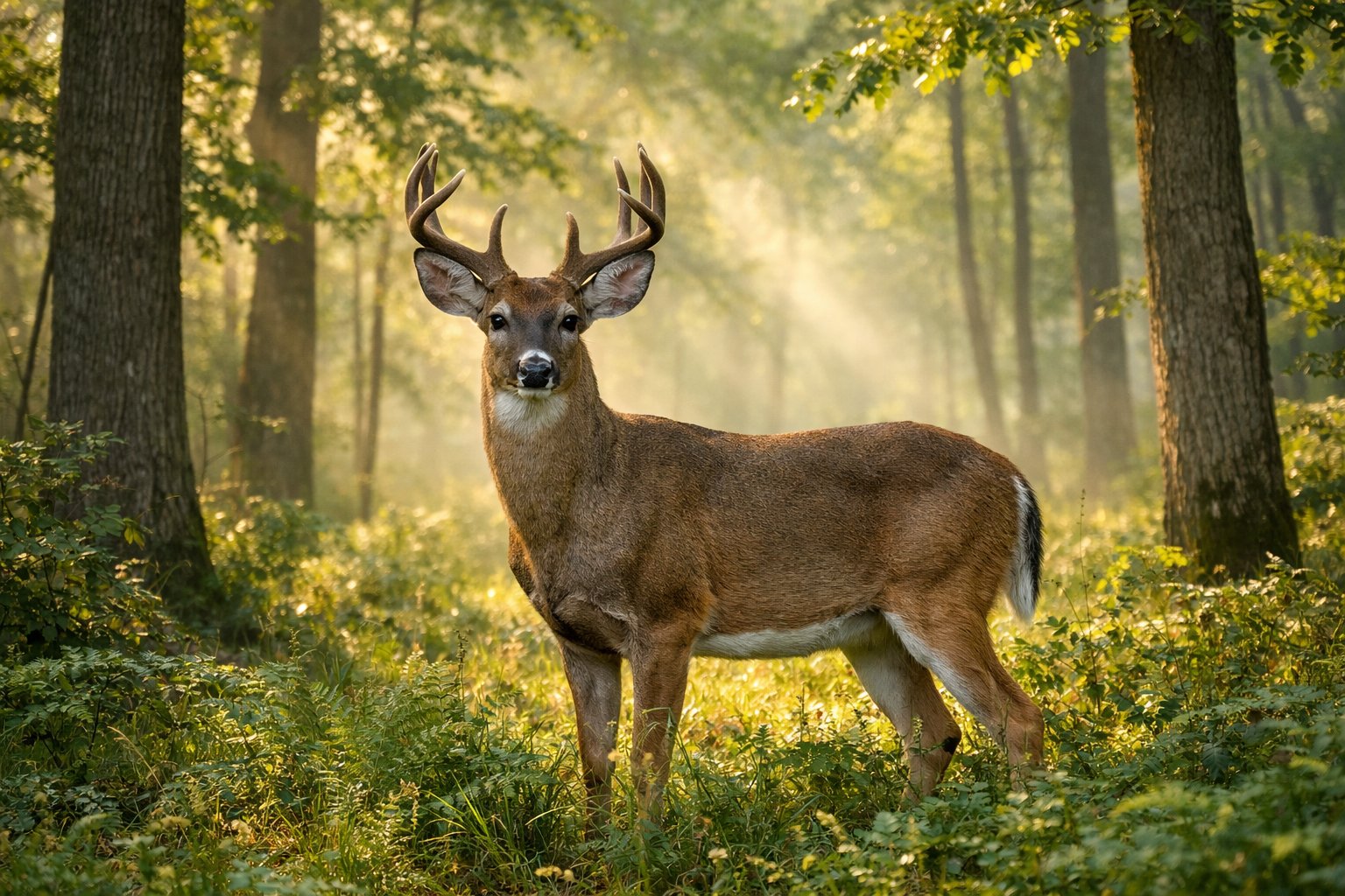 An adult deer standing alert in a misty forest surrounded by green trees and foliage.