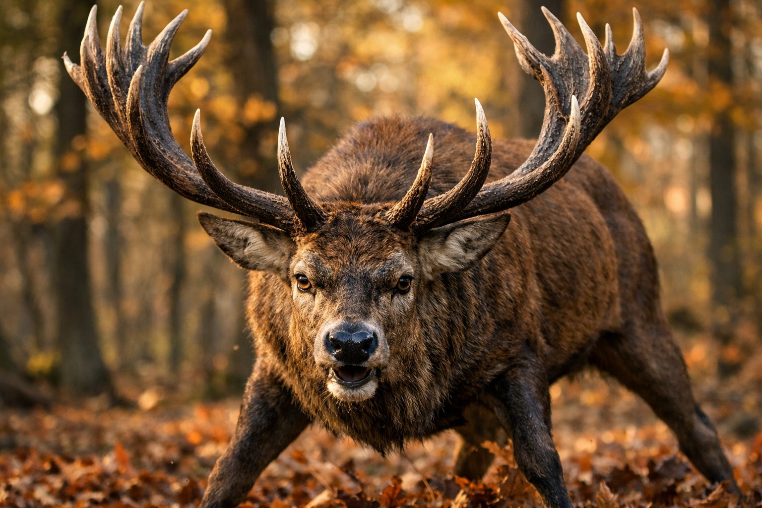 A male deer with large antlers standing alert in a forest with autumn leaves.