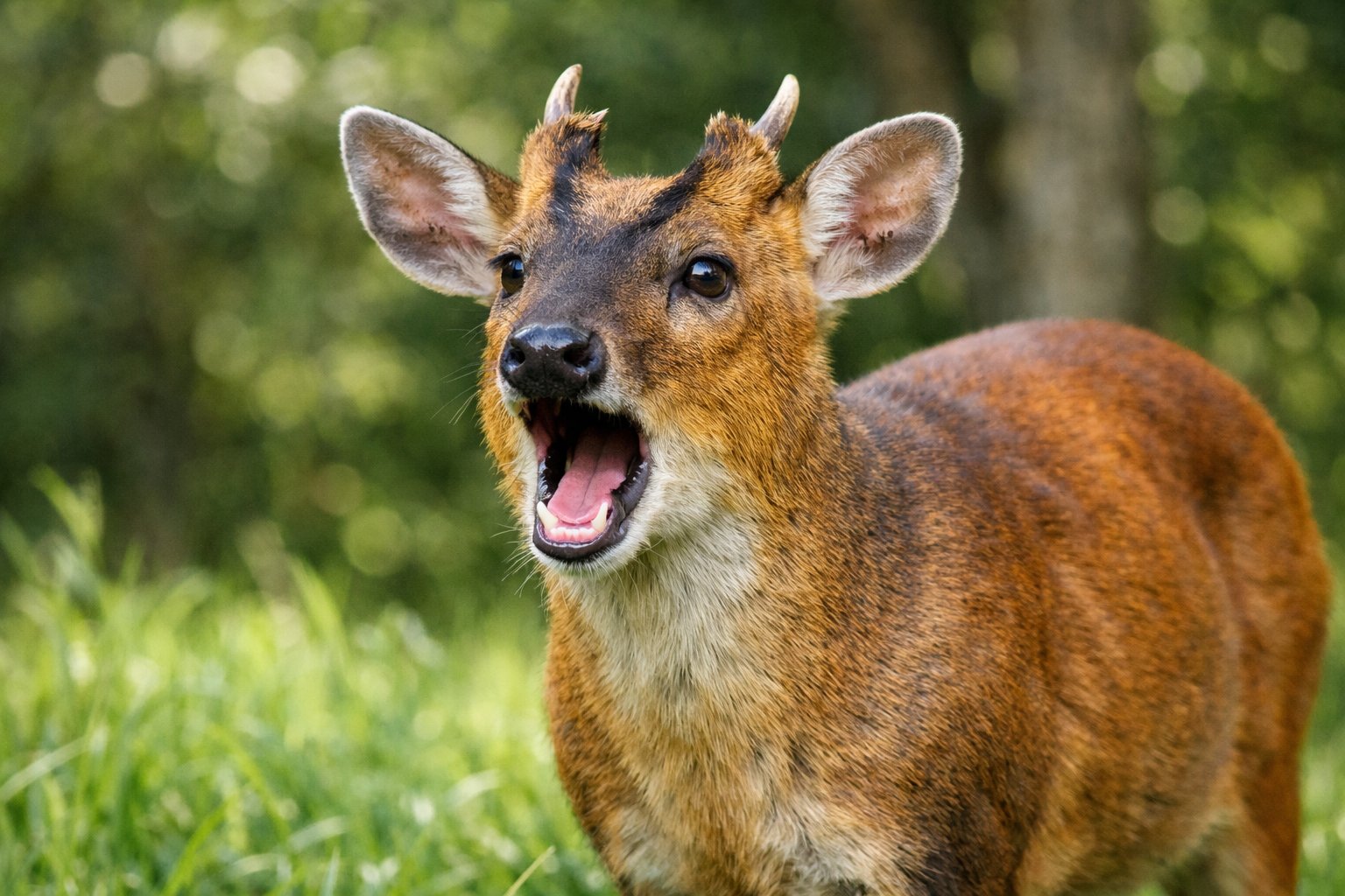 A barking deer standing in a green forest clearing with its mouth open.
