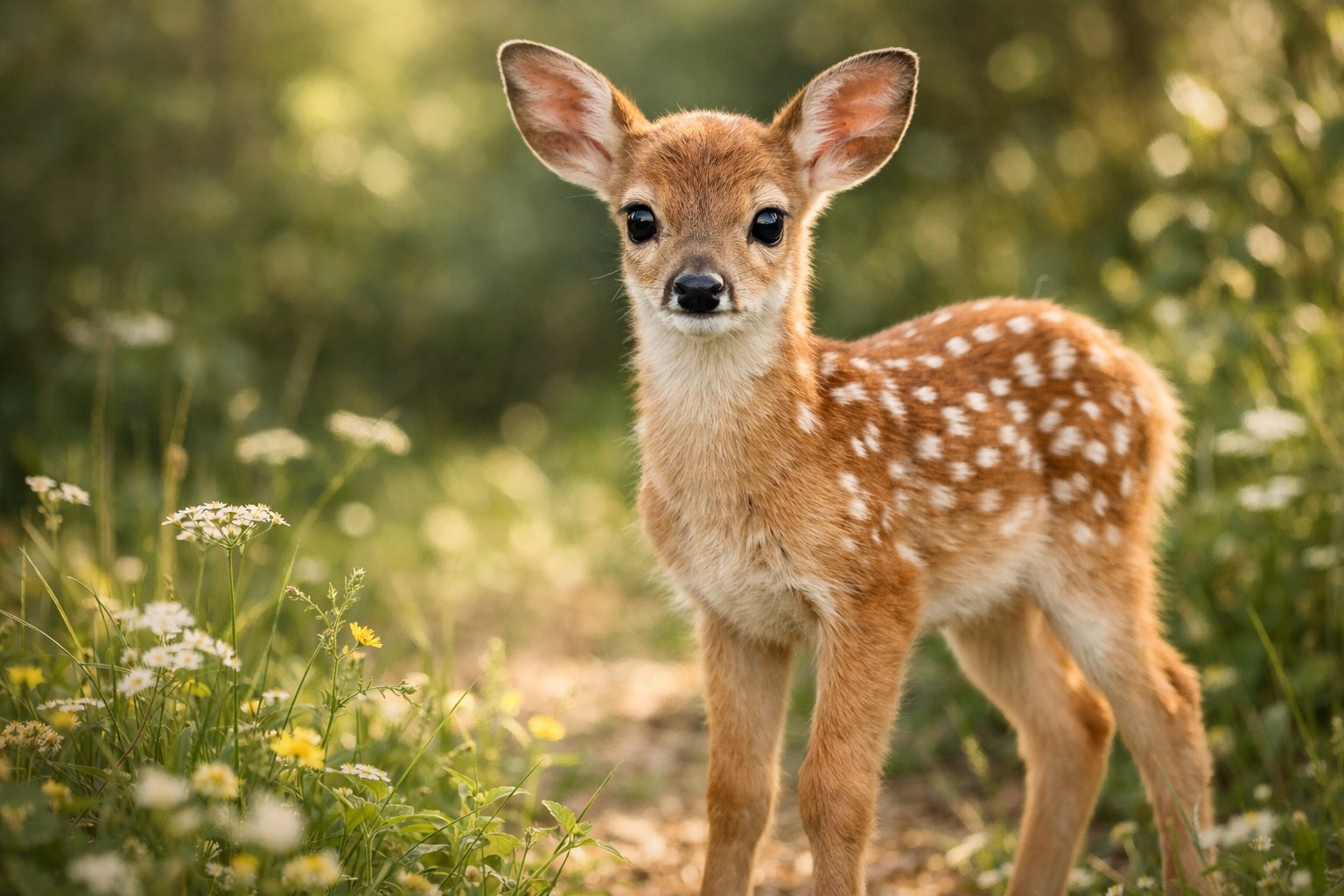 A young spotted deer standing in a sunlit forest clearing surrounded by green plants and wildflowers.