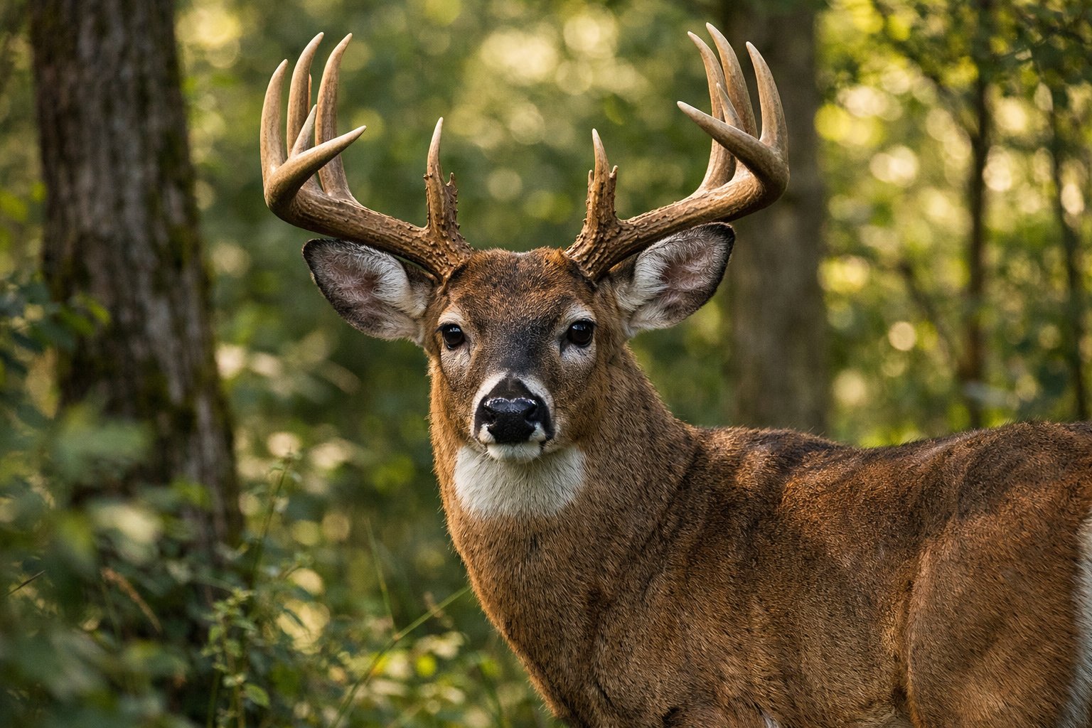 A close-up of a mature male deer with large antlers standing alert in a green forest with sunlight filtering through the trees.