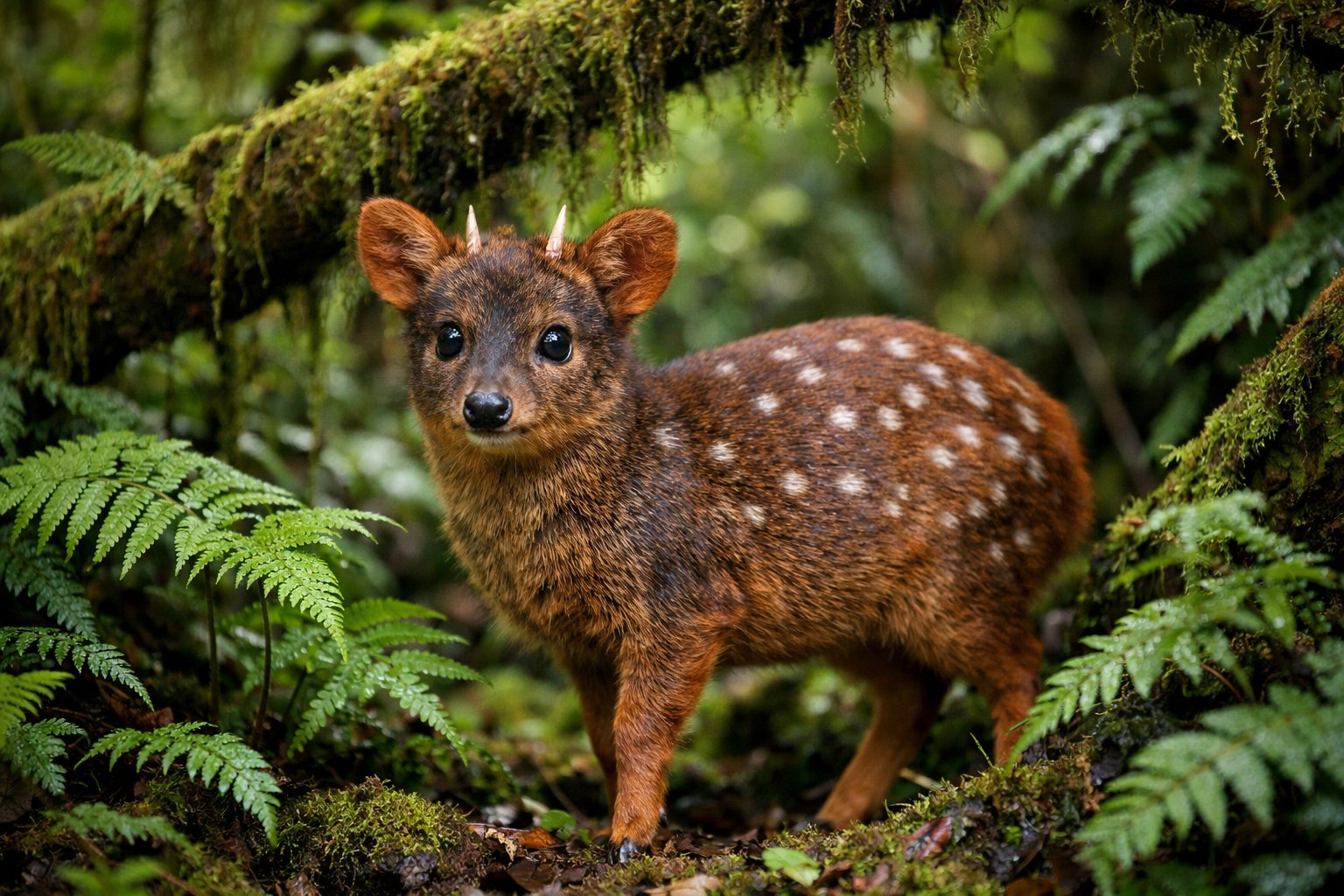 A small Pudu deer standing quietly in a dense green forest with soft light filtering through the trees.
