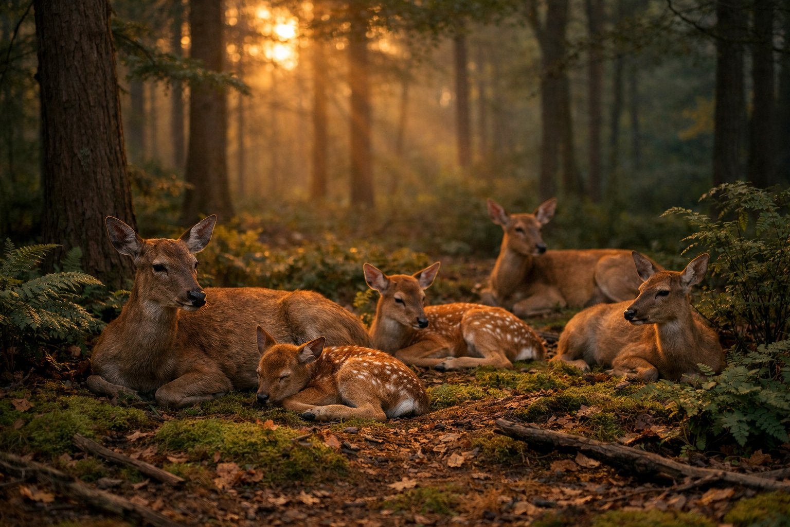 A group of deer resting quietly on the forest floor among trees and plants at dusk.