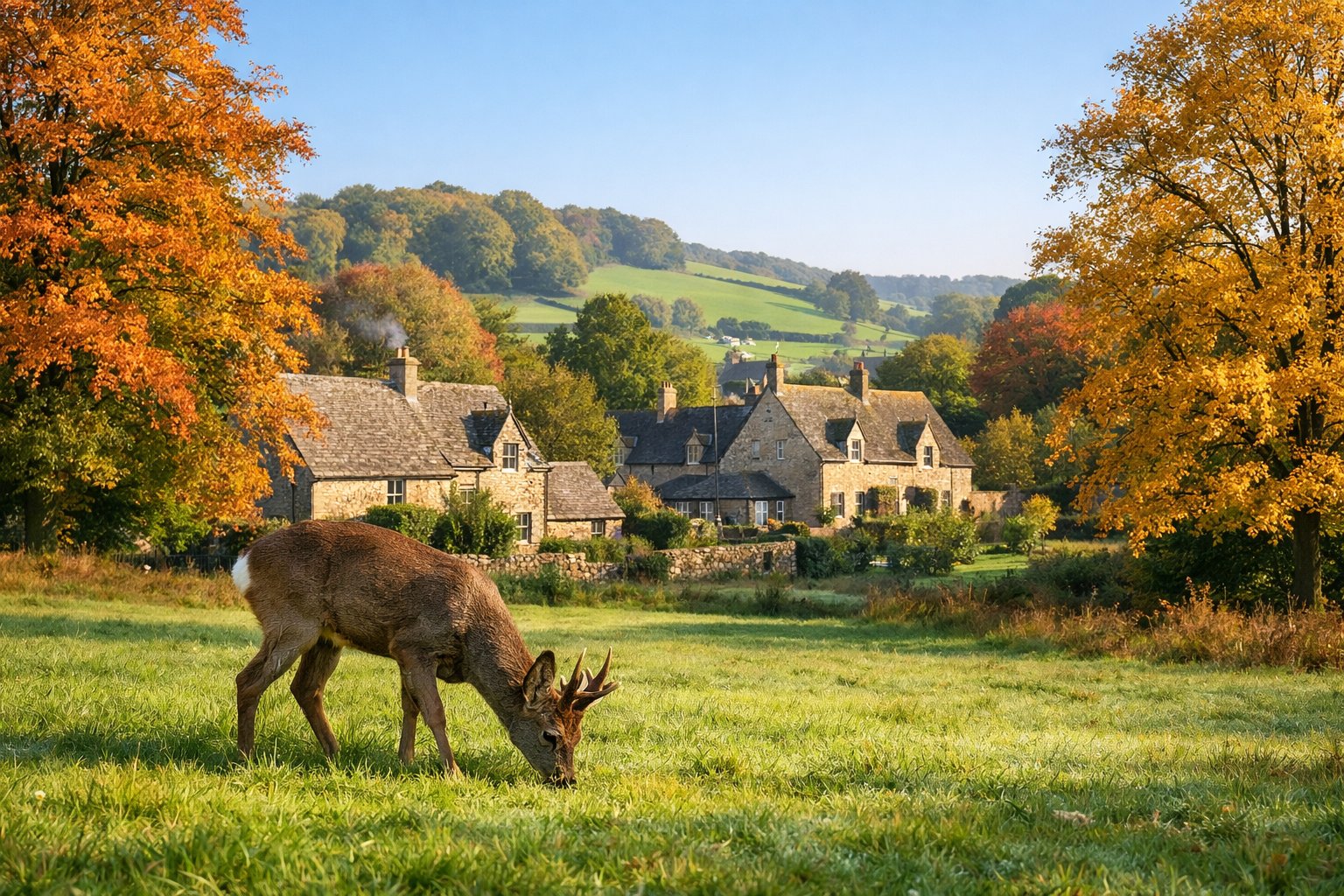 A wild deer grazing in a green meadow with autumn trees and stone cottages in the background.