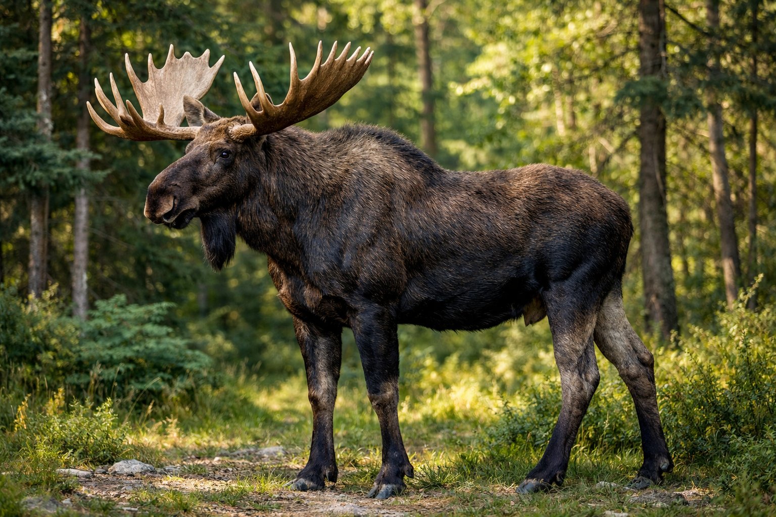 A large moose standing in a green forest with tall trees and sunlight filtering through.