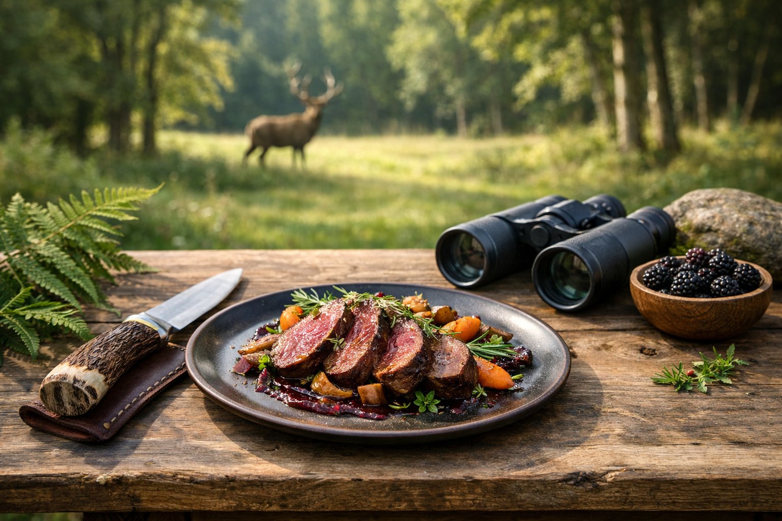 A cooked venison dish on a wooden table outdoors with green countryside and a distant deer silhouette in the background.