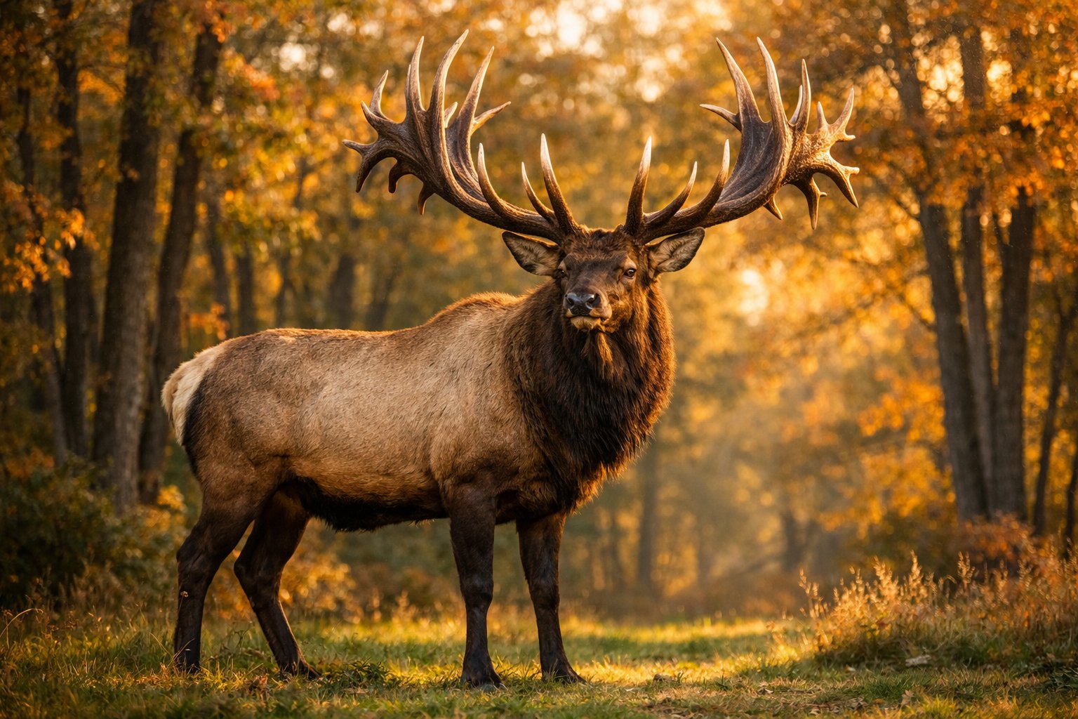 A very large deer with massive antlers standing in a forest clearing surrounded by trees and autumn leaves.
