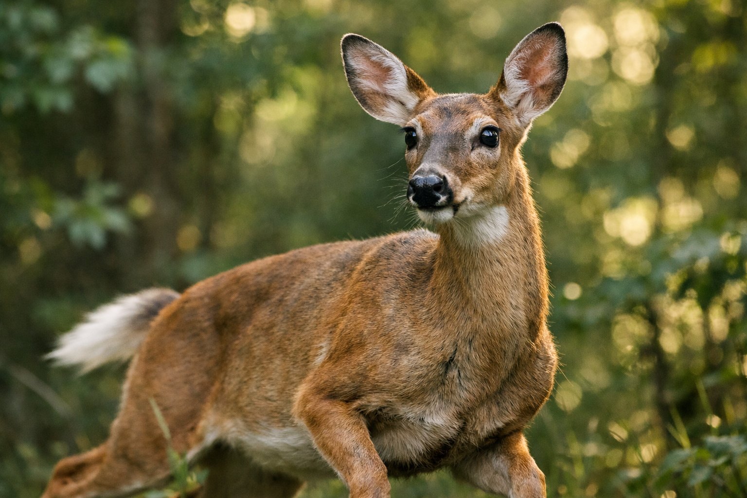 A deer in a forest looking alert and ready to run, surrounded by green trees and sunlight.