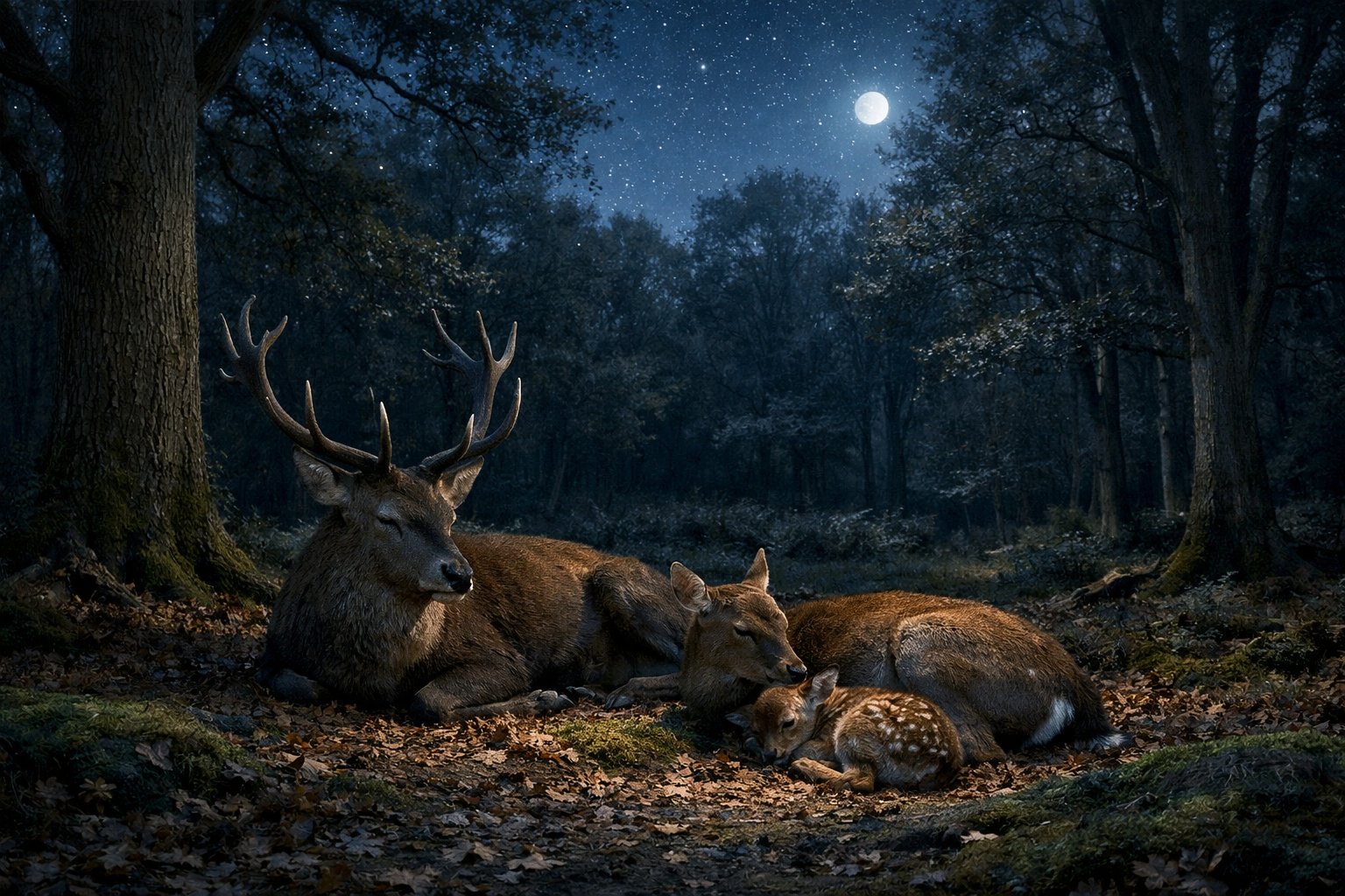 A group of deer resting quietly on the forest floor at night under a starry sky in a UK woodland clearing.