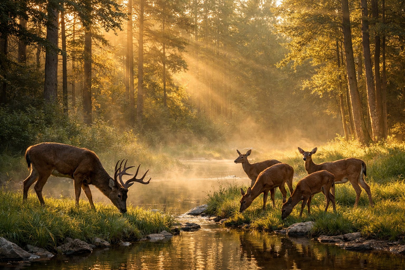 A group of deer grazing near a stream in a forest at dawn with soft sunlight and morning mist.
