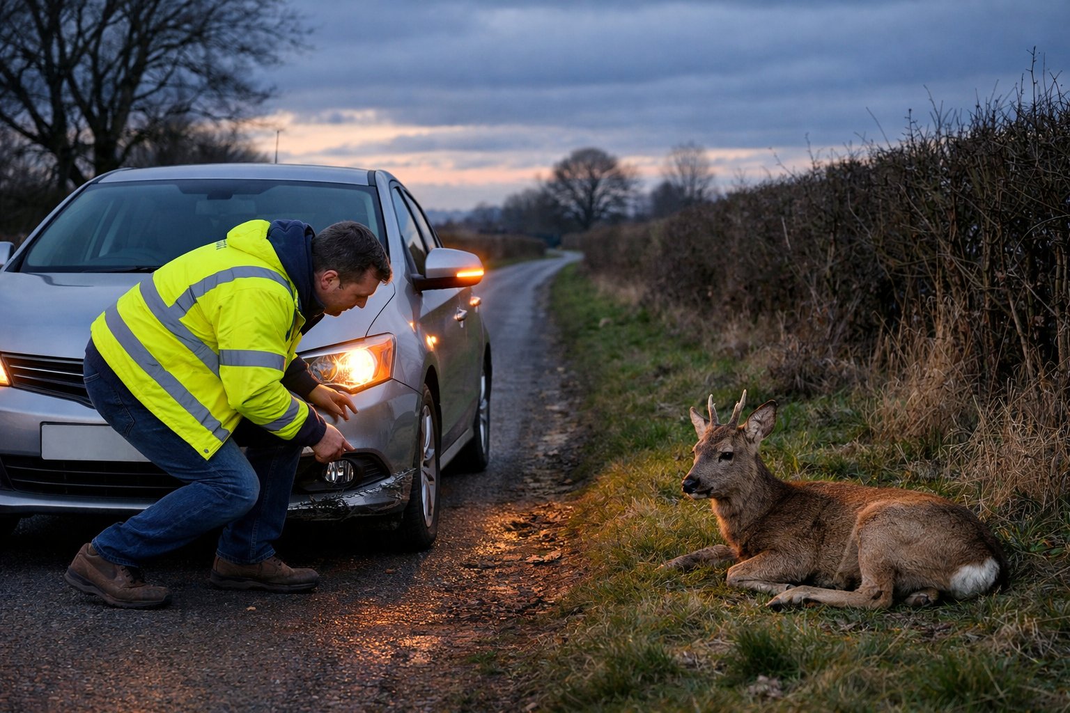 A driver in a high-visibility jacket stands beside a car stopped on a rural UK road near an injured deer lying on the grass verge.