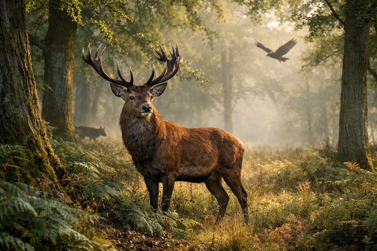 A red deer stag standing alert in a misty UK forest with a fox and a buzzard visible in the background.