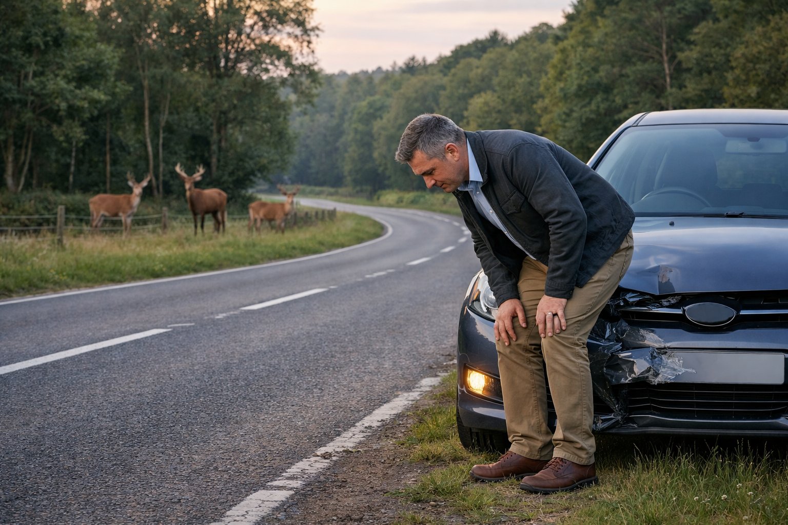 A driver inspects a car stopped on a rural UK road after hitting a deer, with deer visible in the nearby woodland.