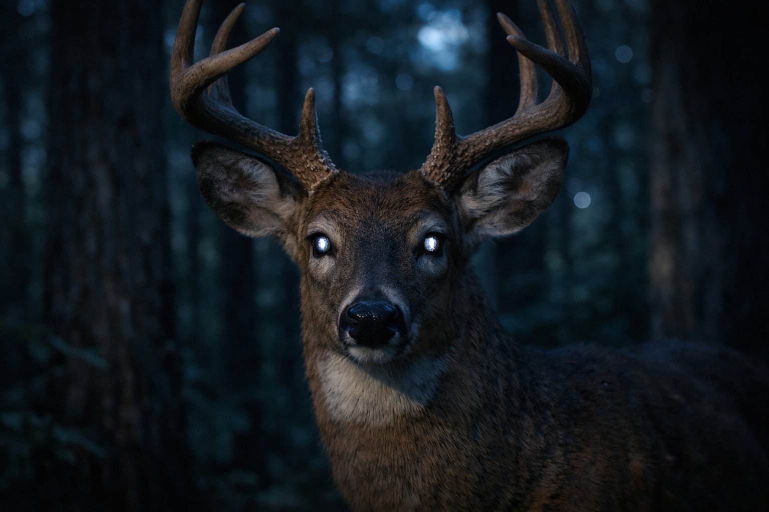 A deer standing in a forest at twilight with its eyes reflecting soft moonlight.