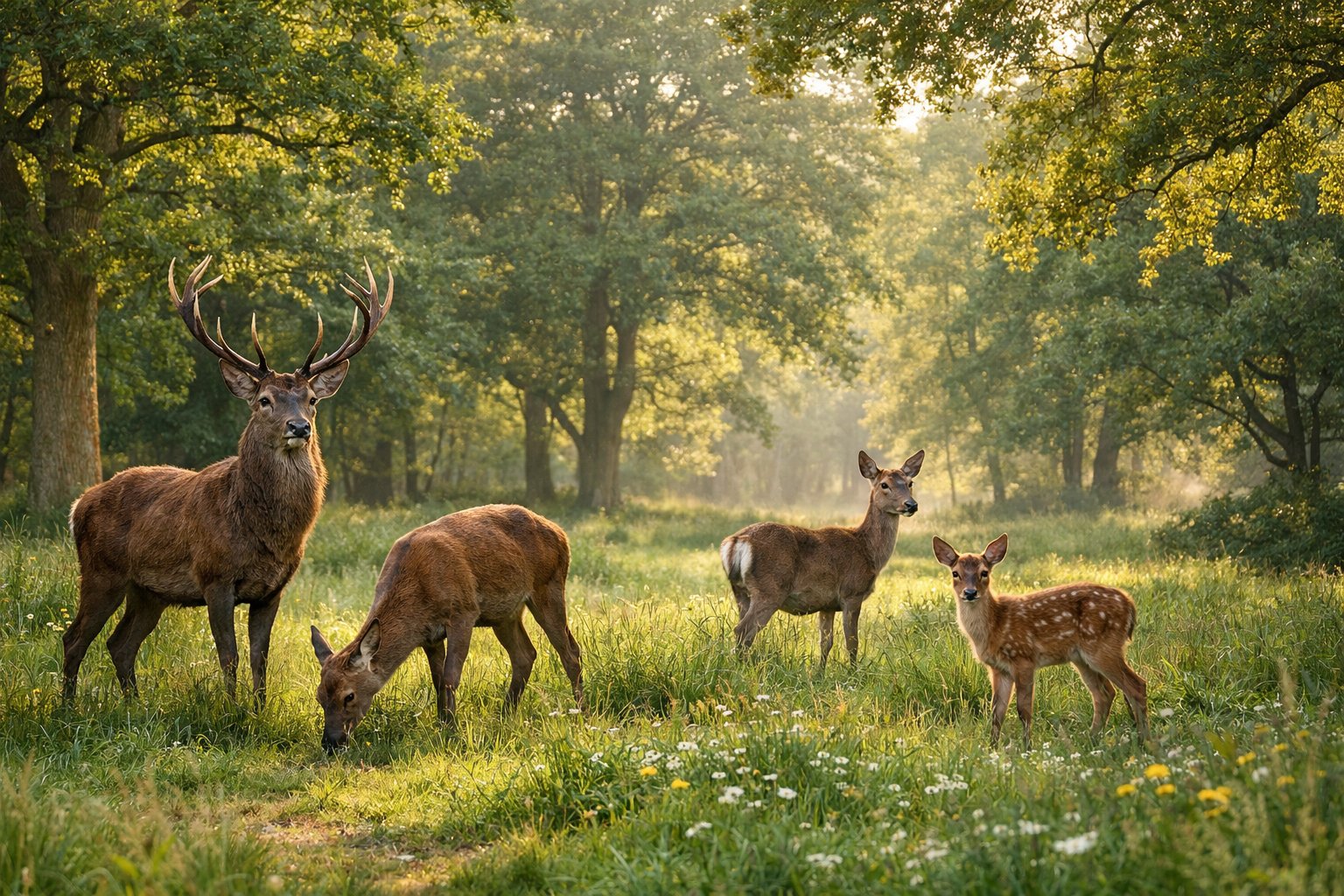 A group of deer grazing peacefully in a sunlit UK woodland with dense trees in the background.
