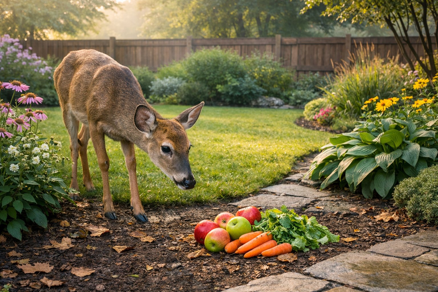 A wild deer cautiously approaches food placed on the ground in a green garden with flowers and shrubs.