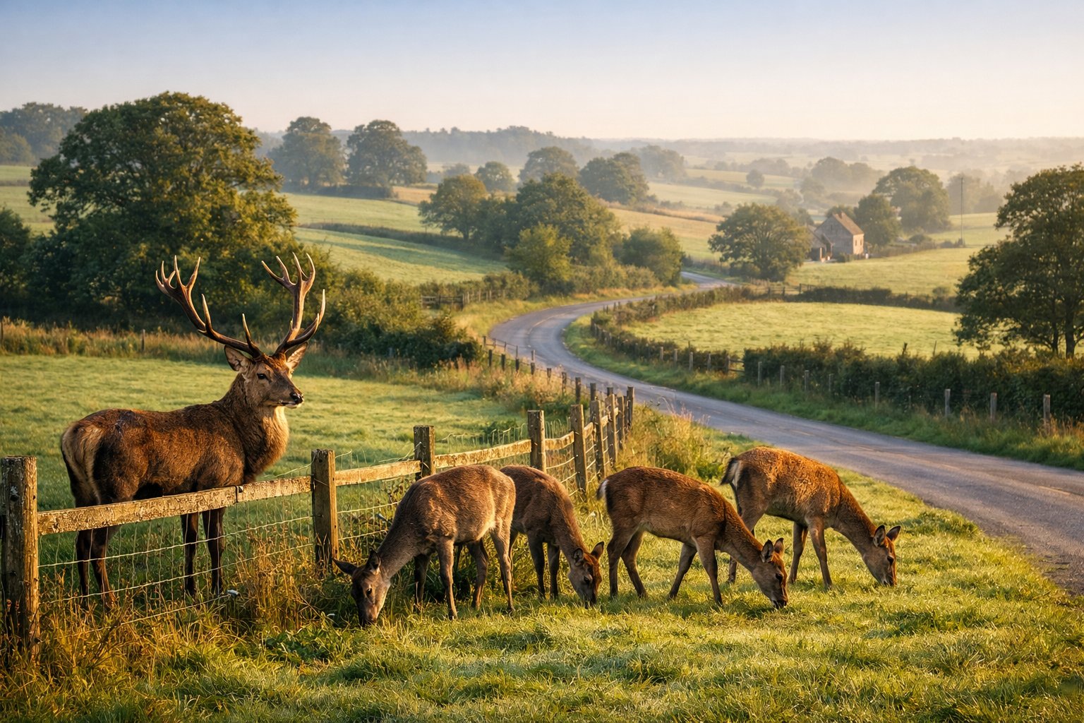 A group of deer grazing near a wooden fence in a green rural landscape with rolling hills and trees under a clear sky.