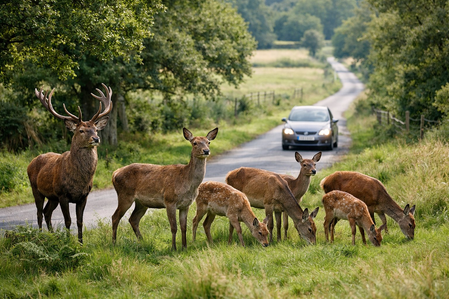 A group of deer grazing near a country road in a green UK countryside with a car approaching in the background.