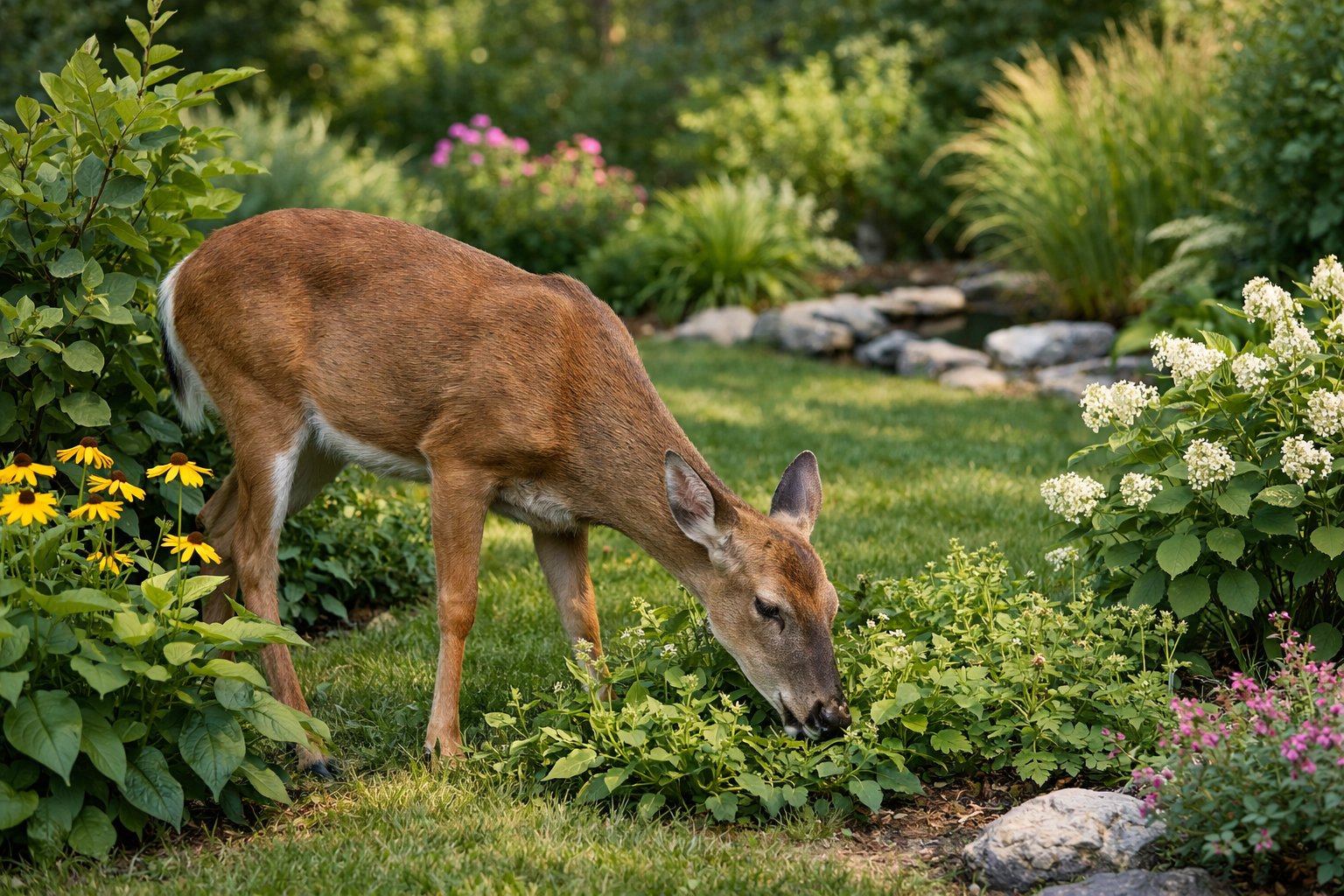 A wild deer peacefully grazing on plants in a green garden surrounded by bushes and grass.