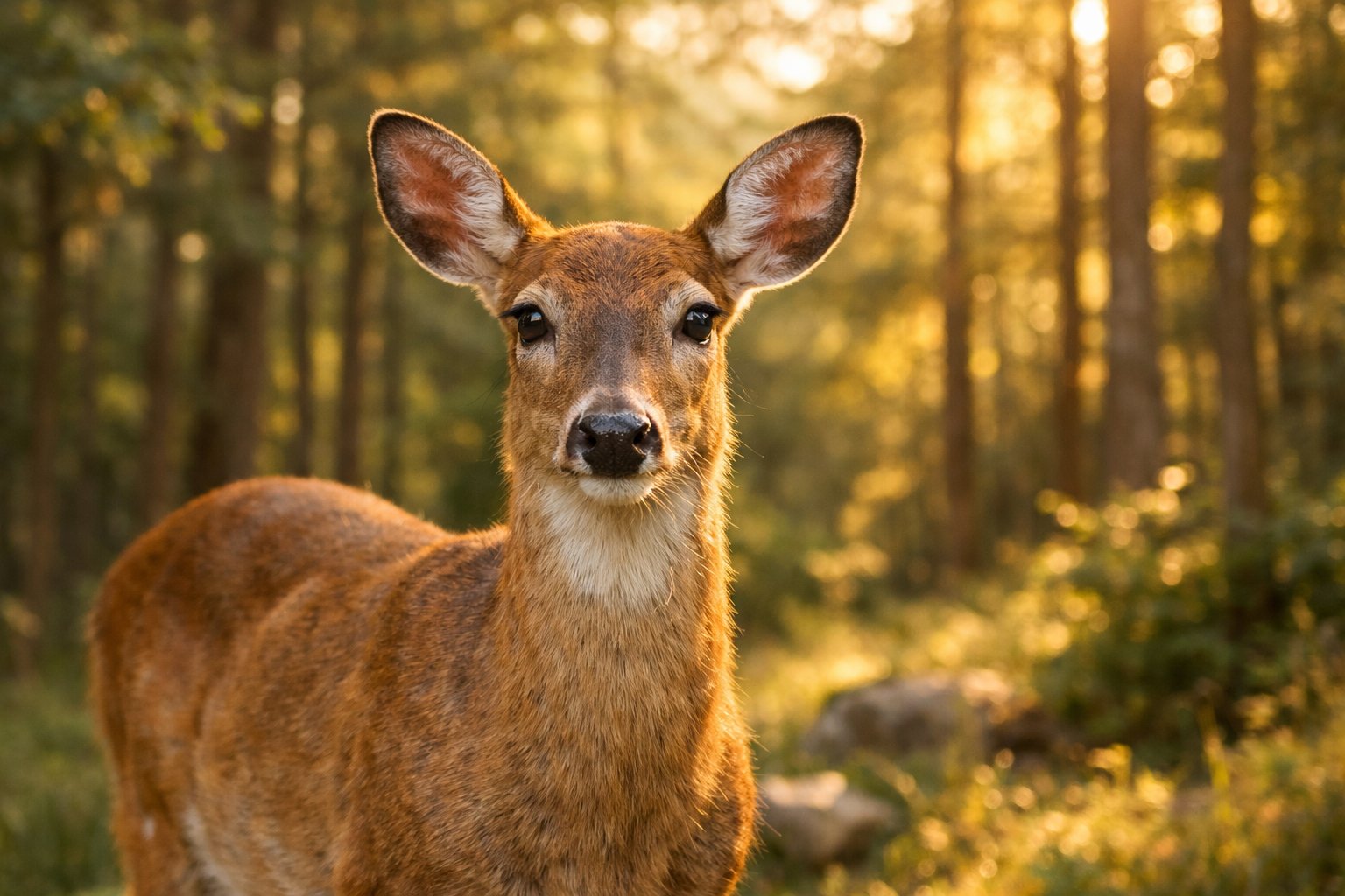 A calm deer standing in a sunlit forest, looking peacefully ahead without fear.