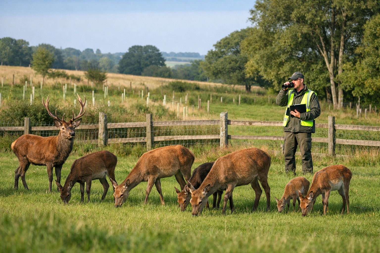 A group of deer grazing in a green meadow with a conservationist observing them near a wooden fence in a rural UK landscape.