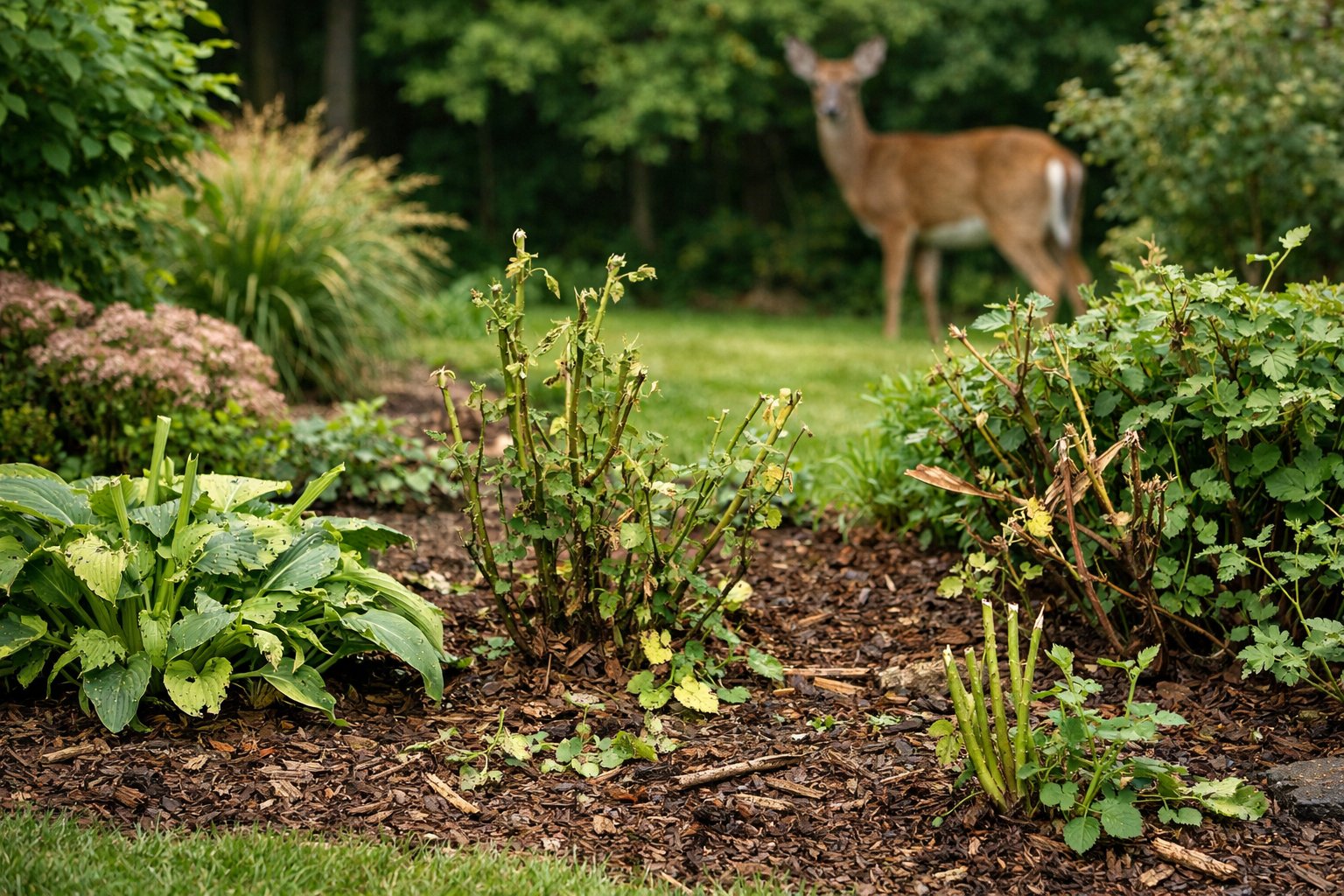 A garden with damaged plants and a deer standing near the edge of the vegetation.