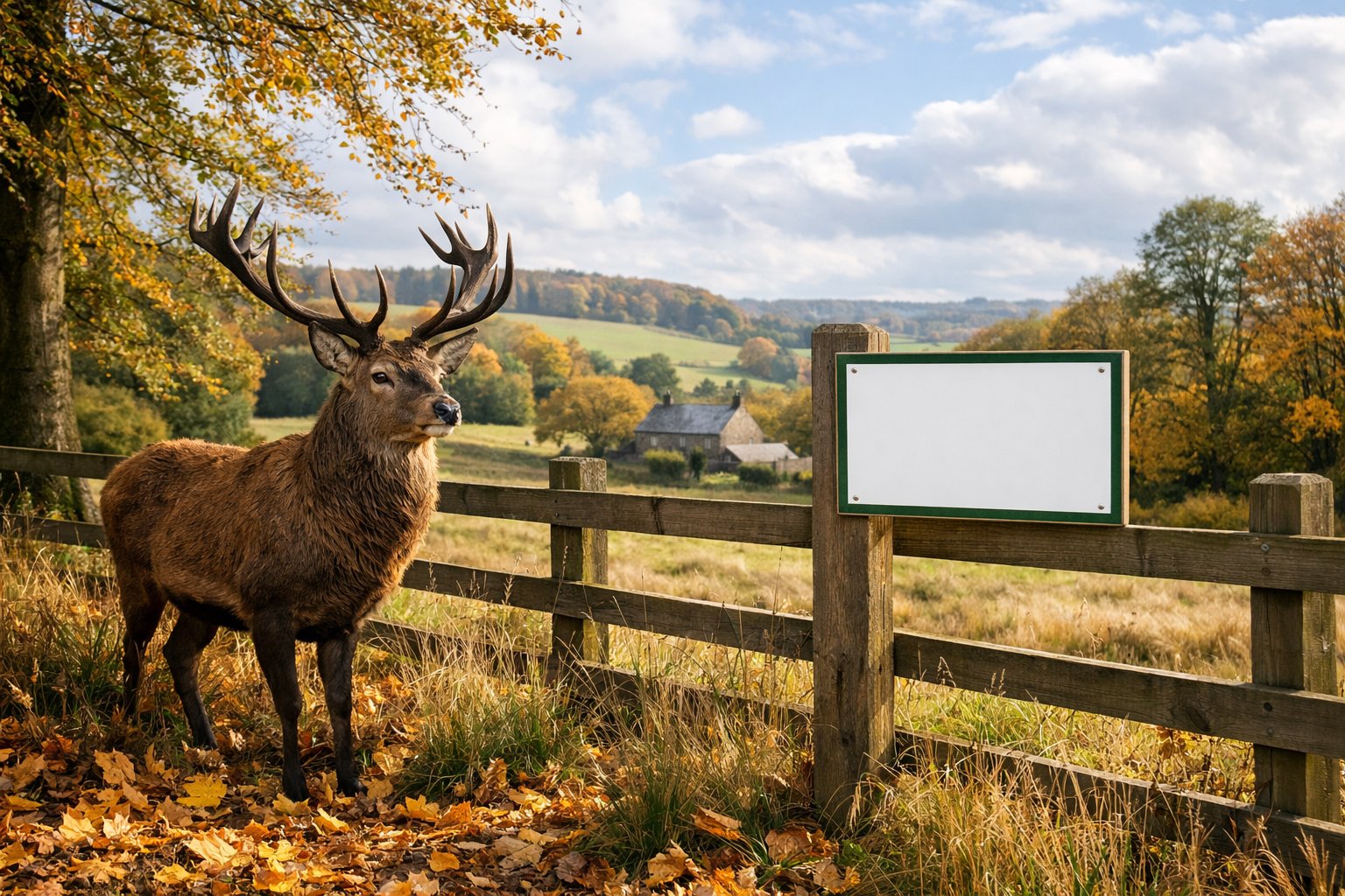 A male deer standing in a British countryside with autumn leaves, trees, and a wooden fence under a partly cloudy sky.