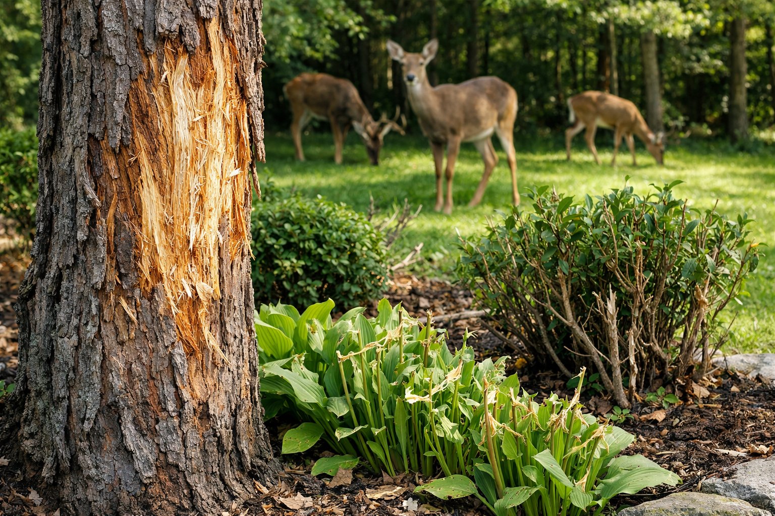 A forest scene showing a tree with stripped bark, damaged plants, and deer grazing nearby.