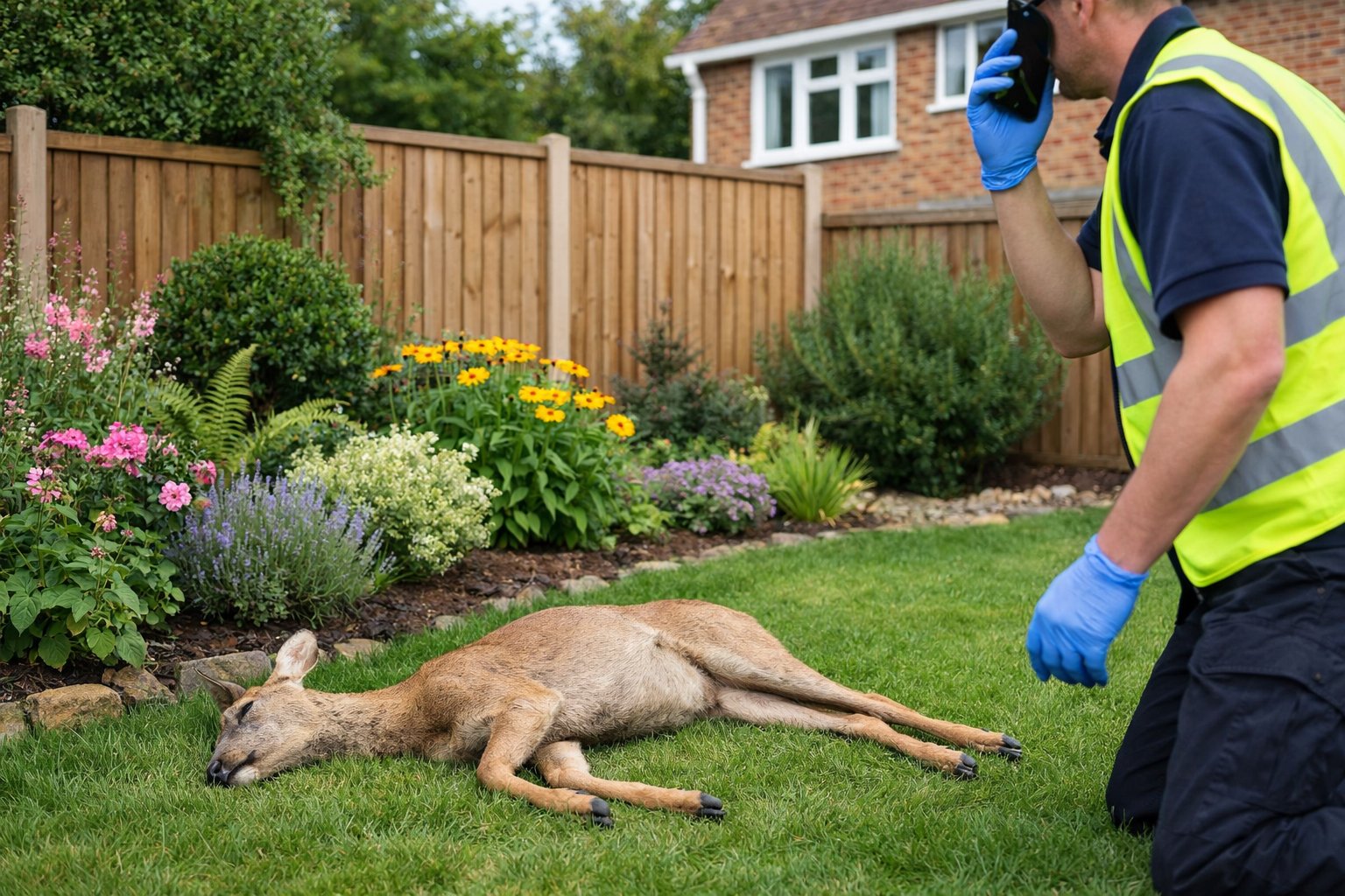 A person wearing protective gloves and a high-visibility vest approaches a dead deer lying on the grass in a UK garden near a flower bed and a wooden fence.