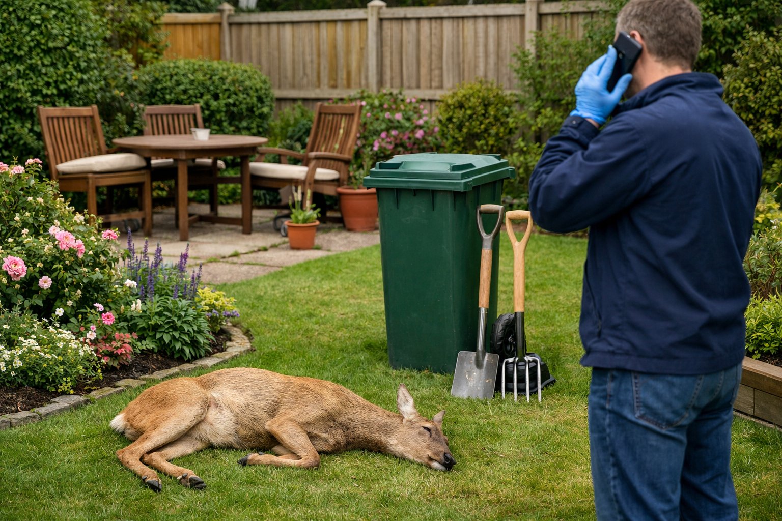 A dead deer lying in a British garden with a person wearing gloves making a phone call nearby, next to garden tools and a waste bin.